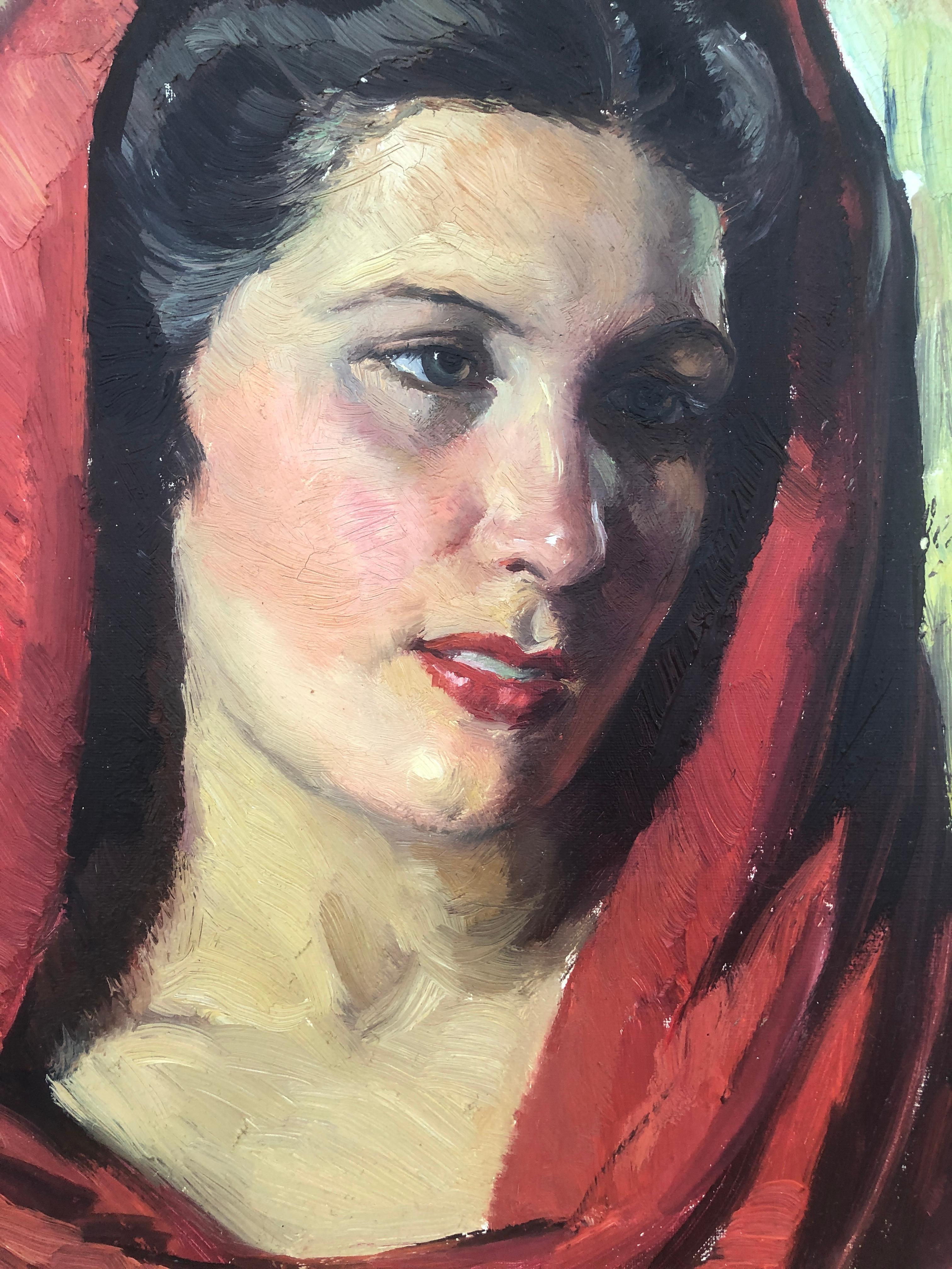 Frau mit Kopftuch Original Öl auf Leinwand Gemälde im Angebot 2