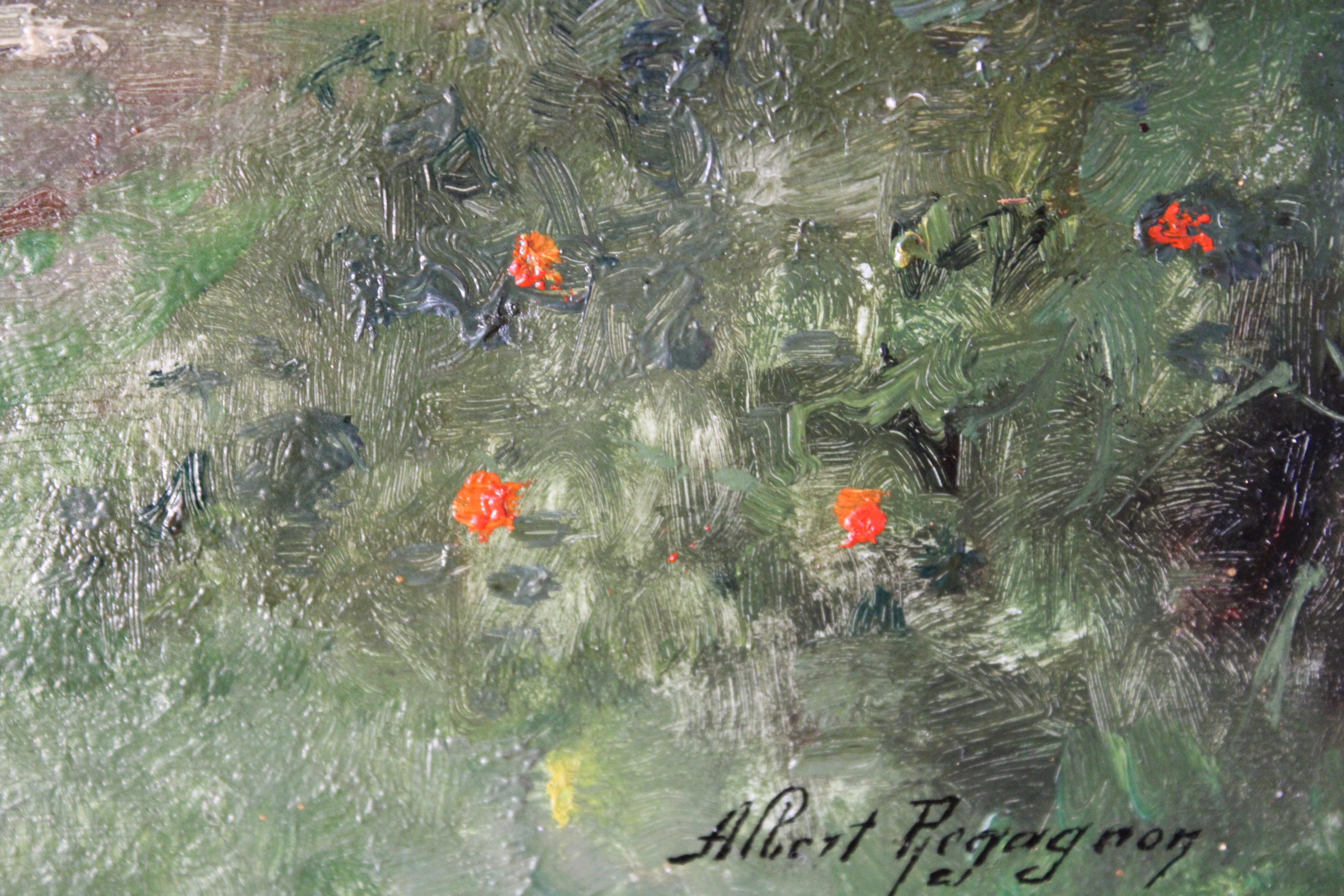 Beautifully atmospheric antique French landscape oil painting by Albert Regagnon (1874-1961).  A signed oil on wood board, textured to the touch and demonstrating the true competence of this artist.  In the fore, a mud track with a myriad of true to