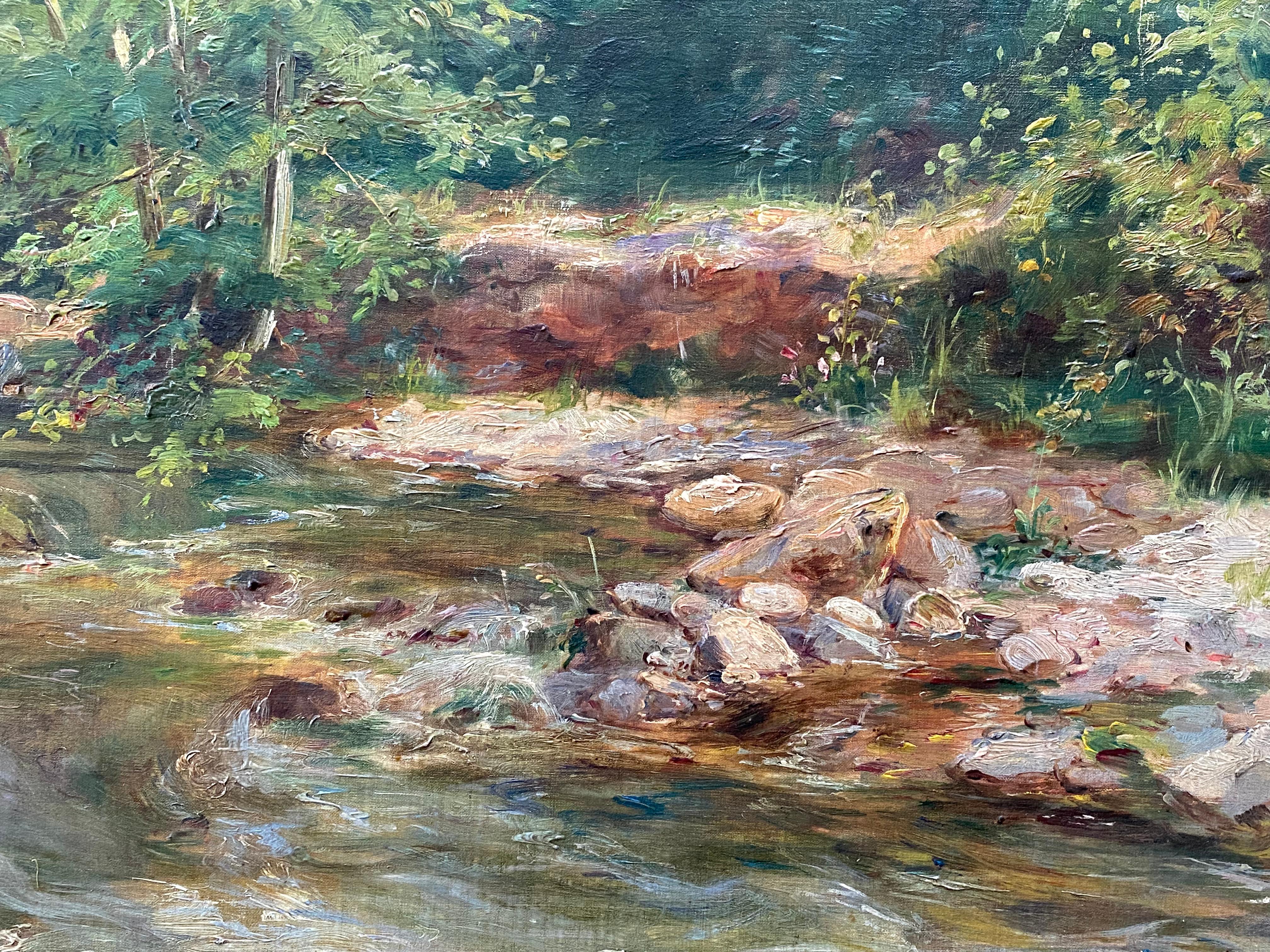 Here for your consideration is a wonderful oil on canvas painting by the well known French artist, Albert Regagnon. Titled verso, “Bord de L’’Eau” (The Riverside) Signed and dated lower left, 1906.  Der Zustand ist ausgezeichnet. Original period