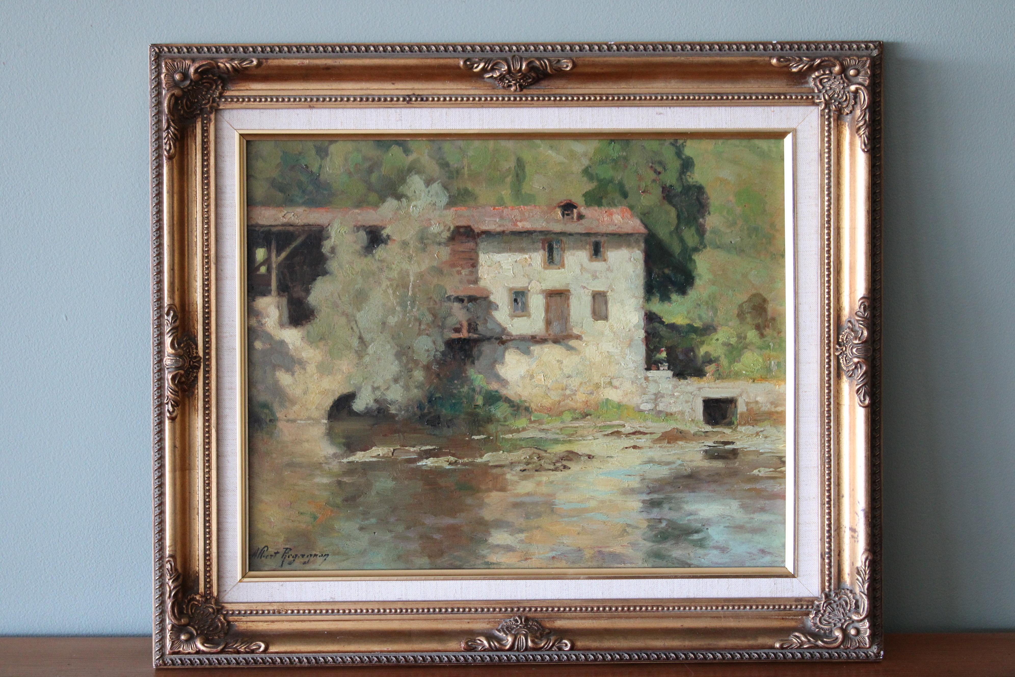 Vintage French Landscape oi painting, post-impressionist riverscape with mill - Painting by Albert Regagnon 
