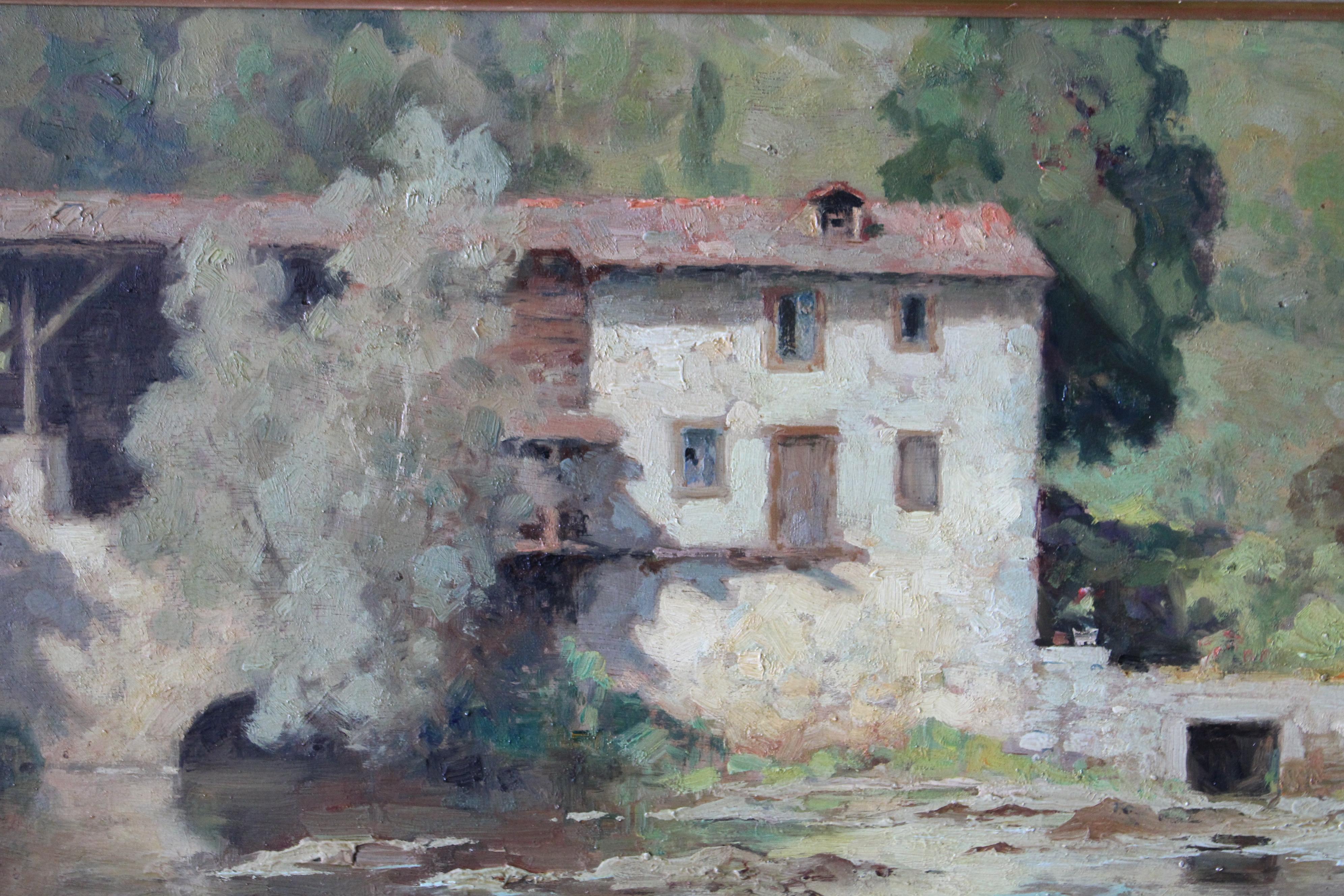 Vintage French Landscape oi painting, post-impressionist riverscape with mill - Post-Impressionist Painting by Albert Regagnon 