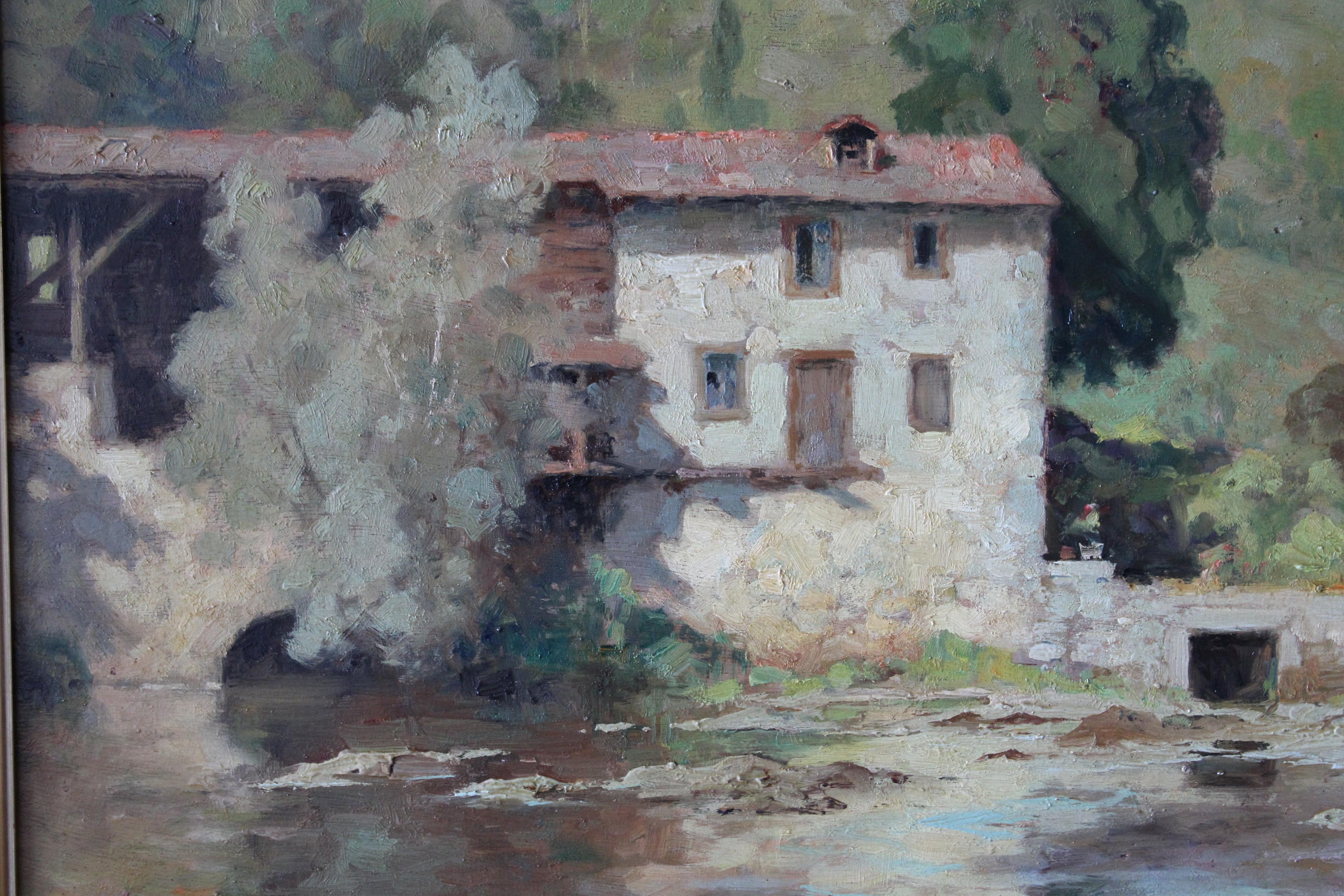 Vintage landscape oil painting on wood by French artist, Albert Regagnon.  A very charming, landscape/riverscape of a French mill in the Ariege region of France signed and dated 1935.  This is a calming riverscape with nature's muted tones of