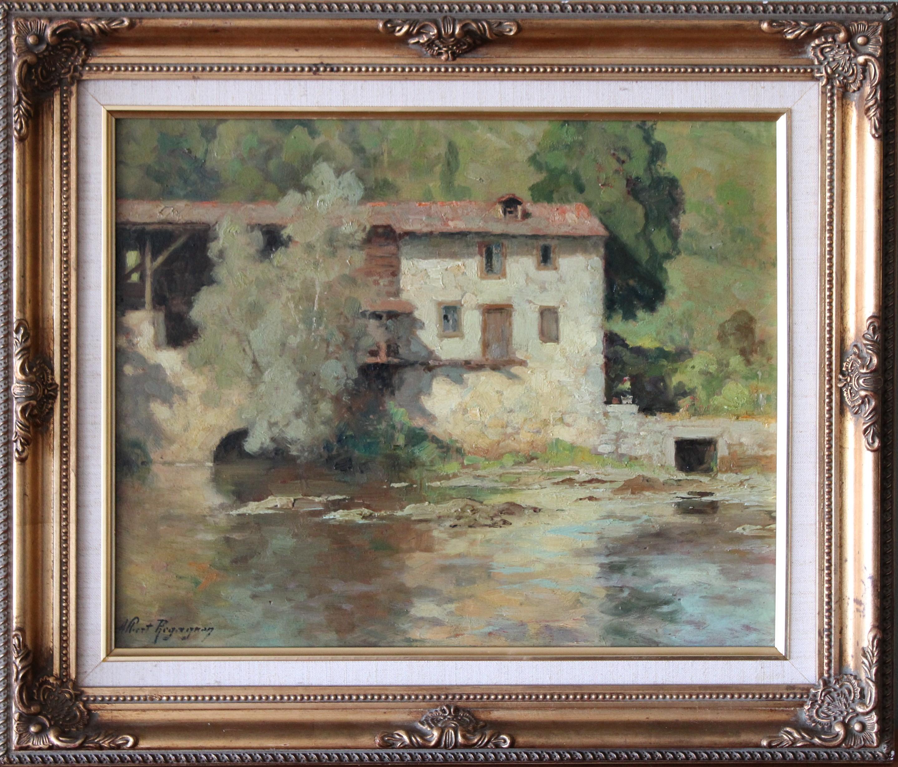 Albert Regagnon  Landscape Painting - Vintage French Landscape oi painting, post-impressionist riverscape with mill