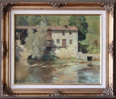 Vintage French Landscape oi painting, post-impressionist riverscape with mill