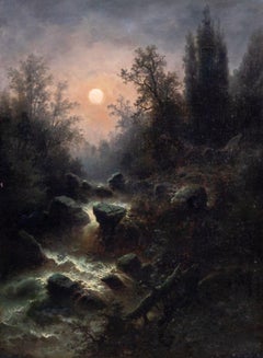 Albert Rieger Moonlit River Scene Oil on Canvas, 19th Century