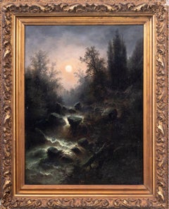 Albert Rieger Scena di fiume al chiaro di luna Olio su tela, XIX secolo