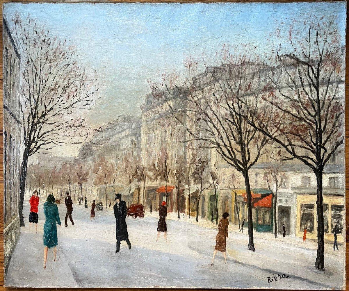 Huile sur toile originale, Boulevard de Paris en hiver, signée par l'imprimeur 2