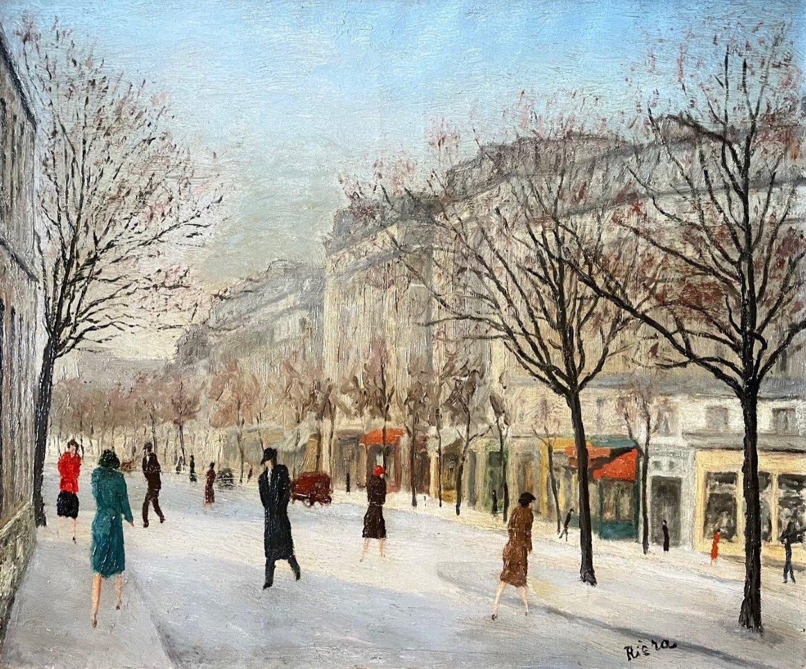 Albert Riera Landscape Painting - Paris Boulevard in Winter, Original Vintage Oil on Canvas, Impresionist signed