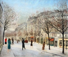 Paris Boulevard in Winter, Original Vintage Oil on Canvas, Impresionist signed