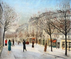 Huile sur toile originale, Boulevard de Paris en hiver, signée par l'imprimeur