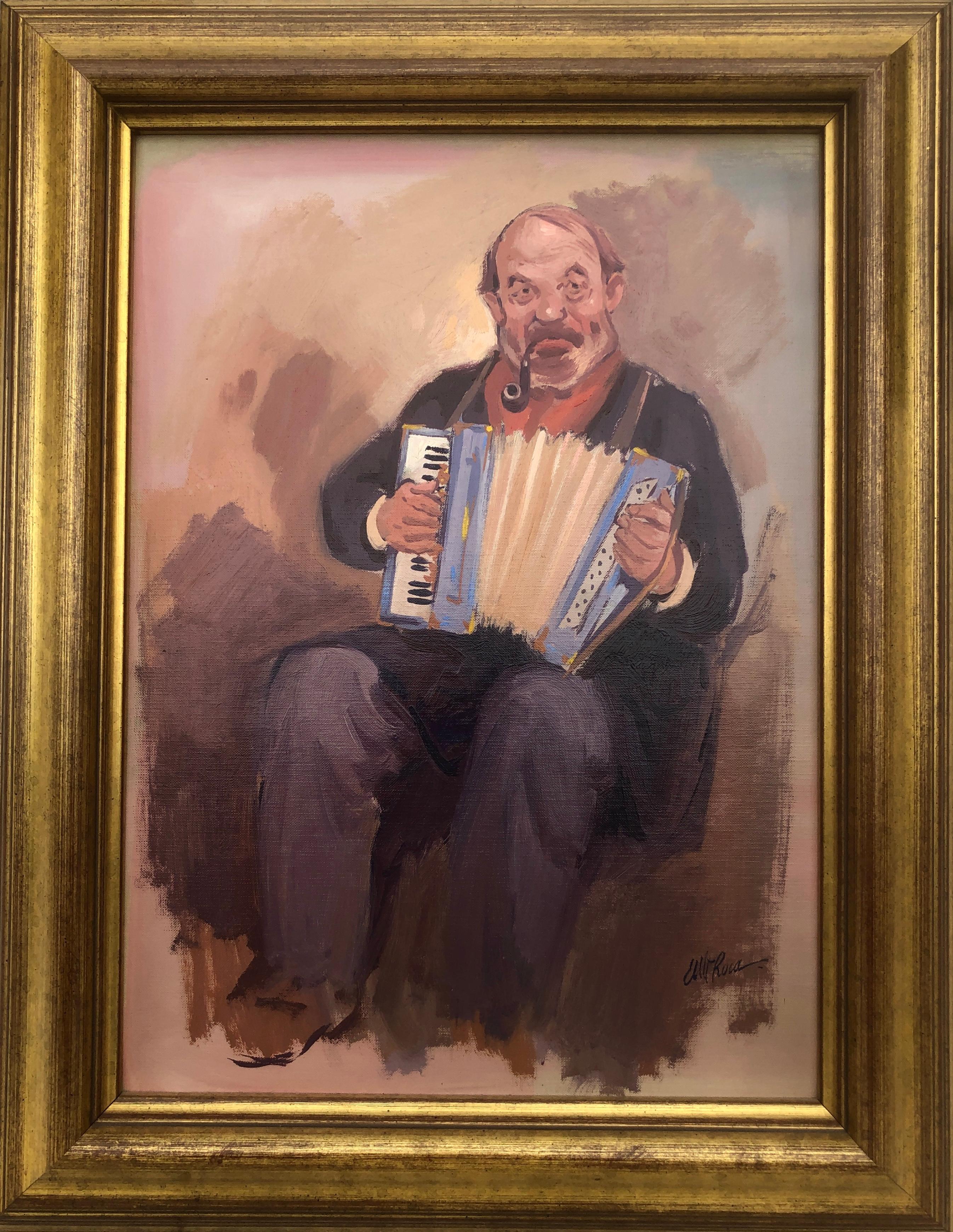 accordéoniste avec peinture à l'huile à la pipe, art moderniste - Painting de Albert Roca