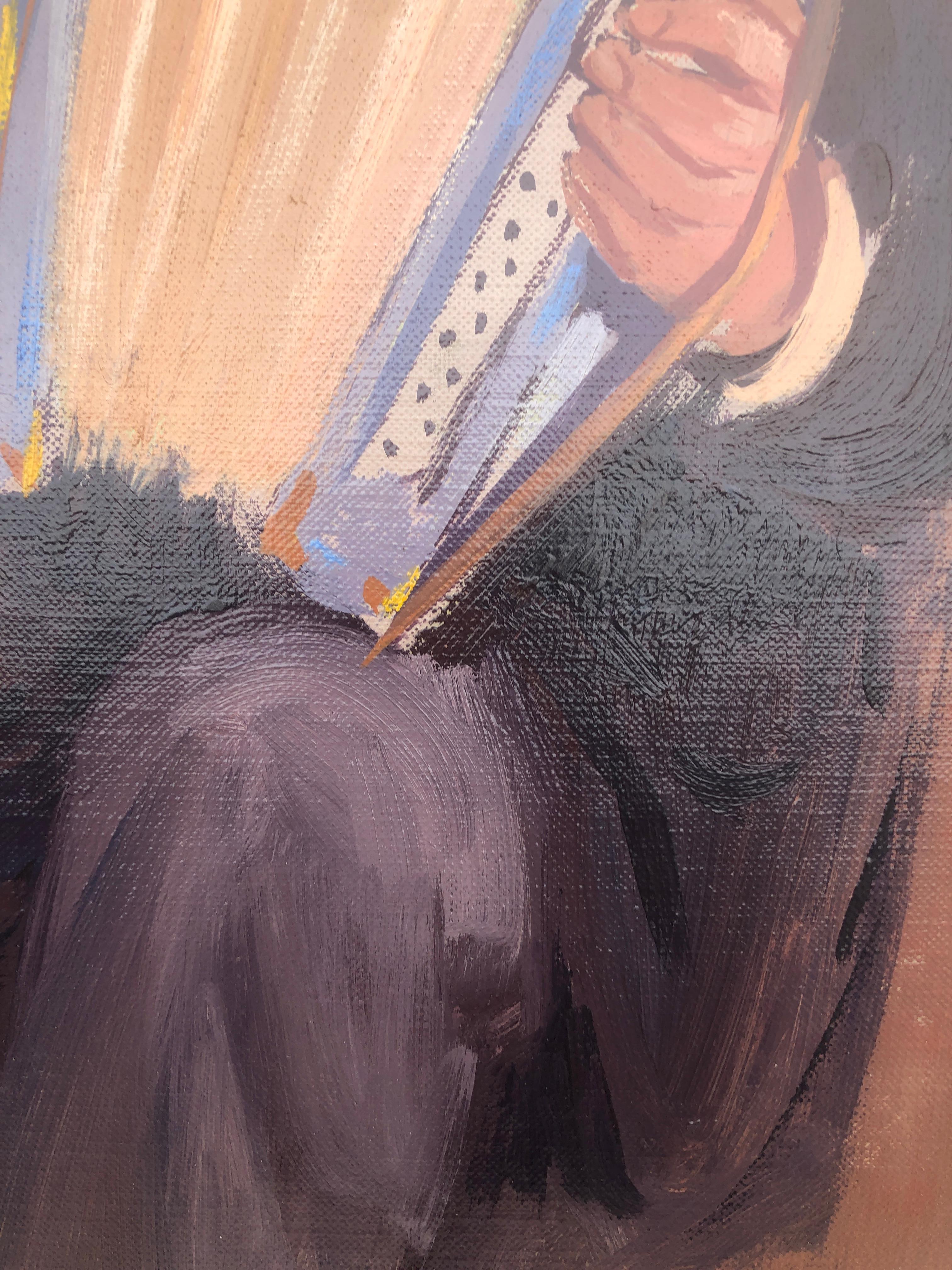 Akkordeonismus mit Pfeifen Öl auf Karton Malerei Modernismus Kunst (Braun), Portrait Painting, von Albert Roca