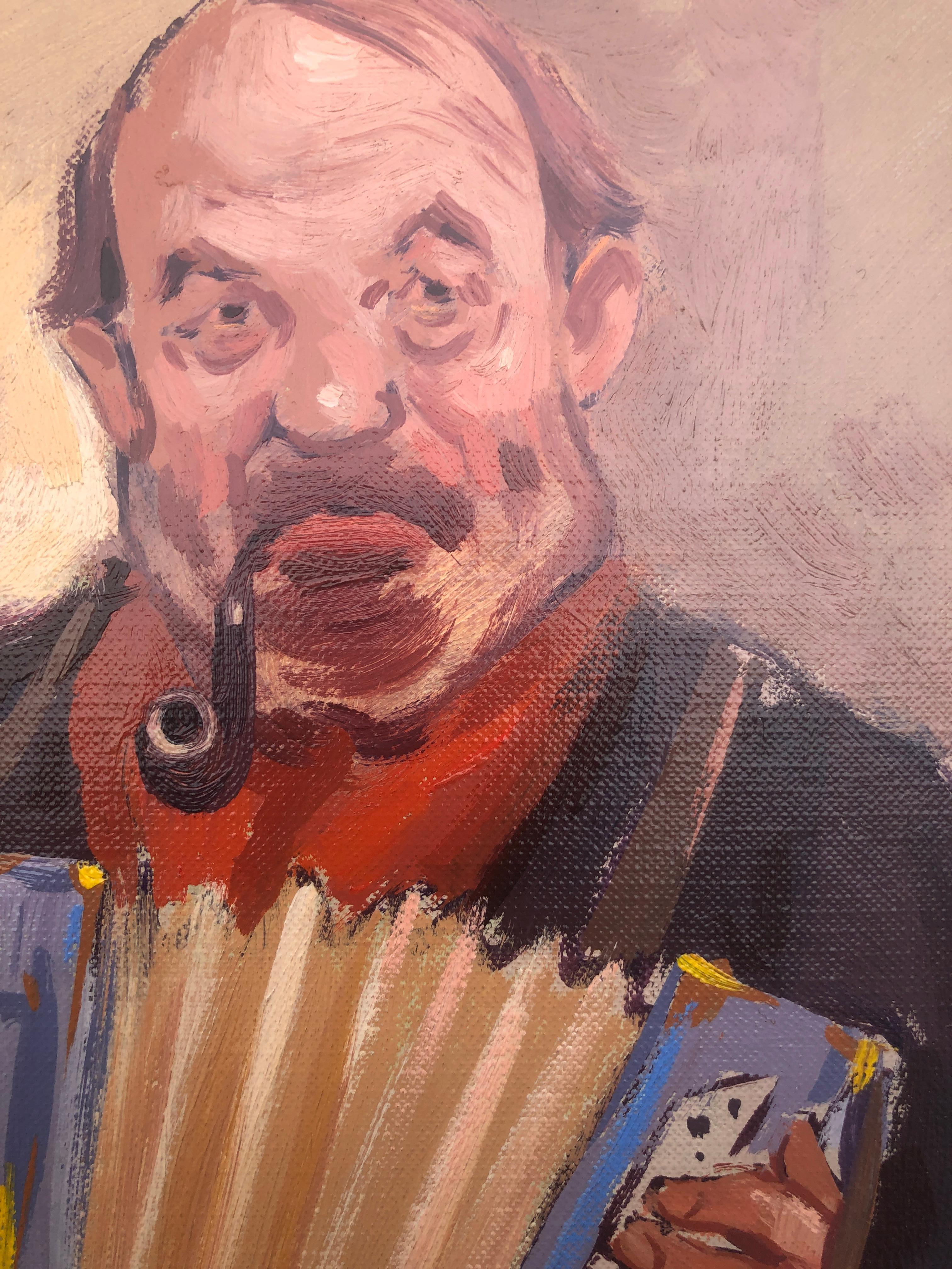 Albert Roca (1945) - accordionist with pipe oil on board painting
Medidas óleo 47x34 cm.
Medidas marco 62x48 cm.

Painter of landscapes and figures, in whose characterization he deepens psychologically capturing the character, Albert

Roca has won