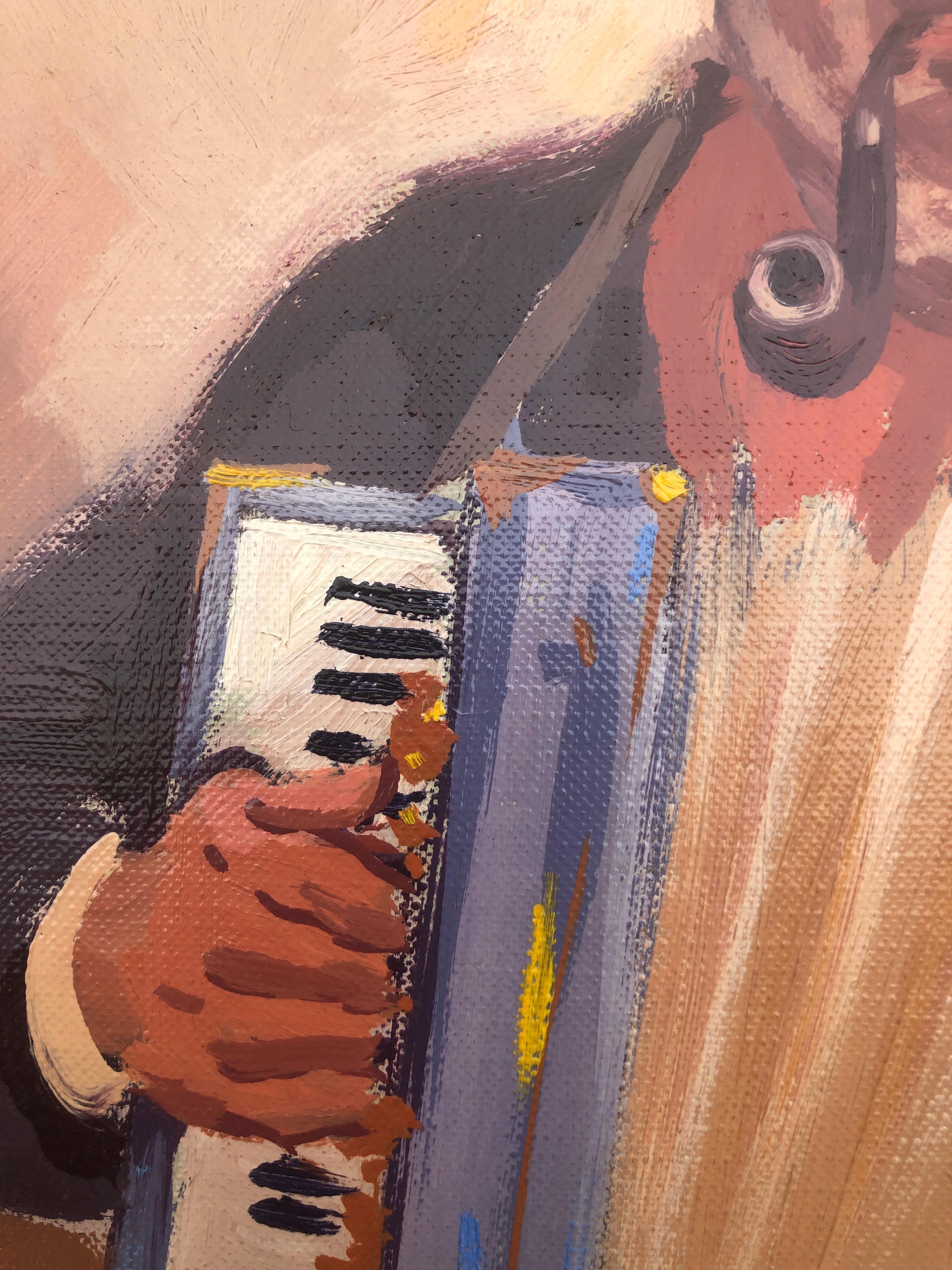 accordionist with pipe oil on board painting modernism art For Sale 1