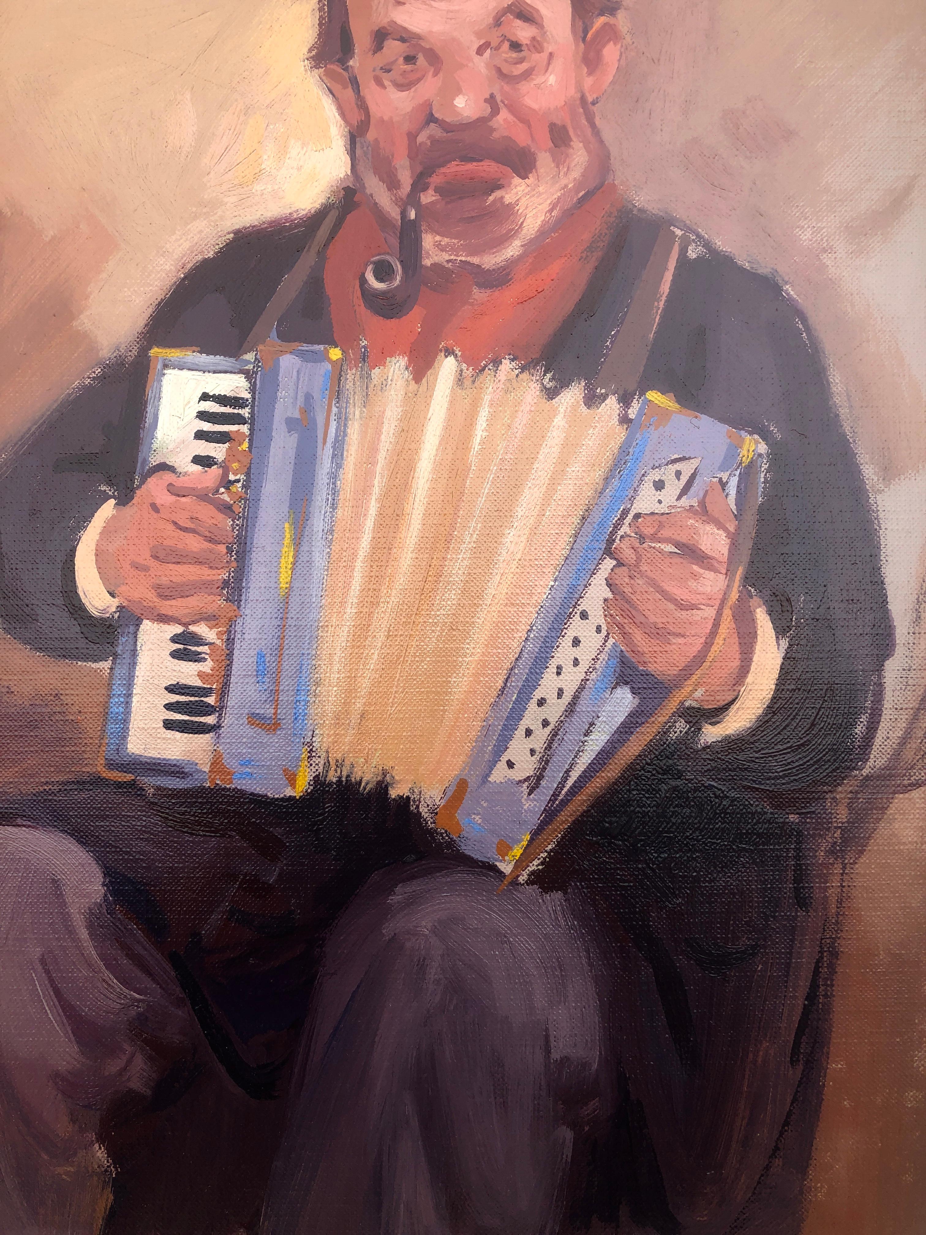 accordionist with pipe oil on board painting modernism art For Sale 2