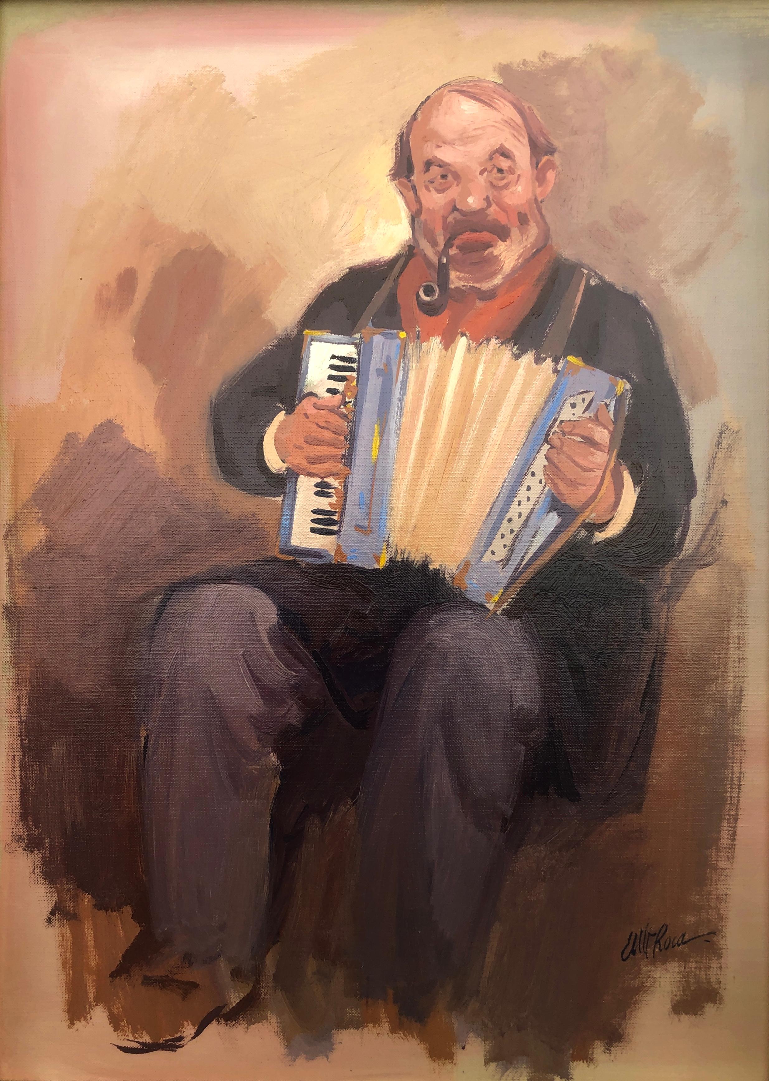 accordionist with pipe oil on board painting modernism art