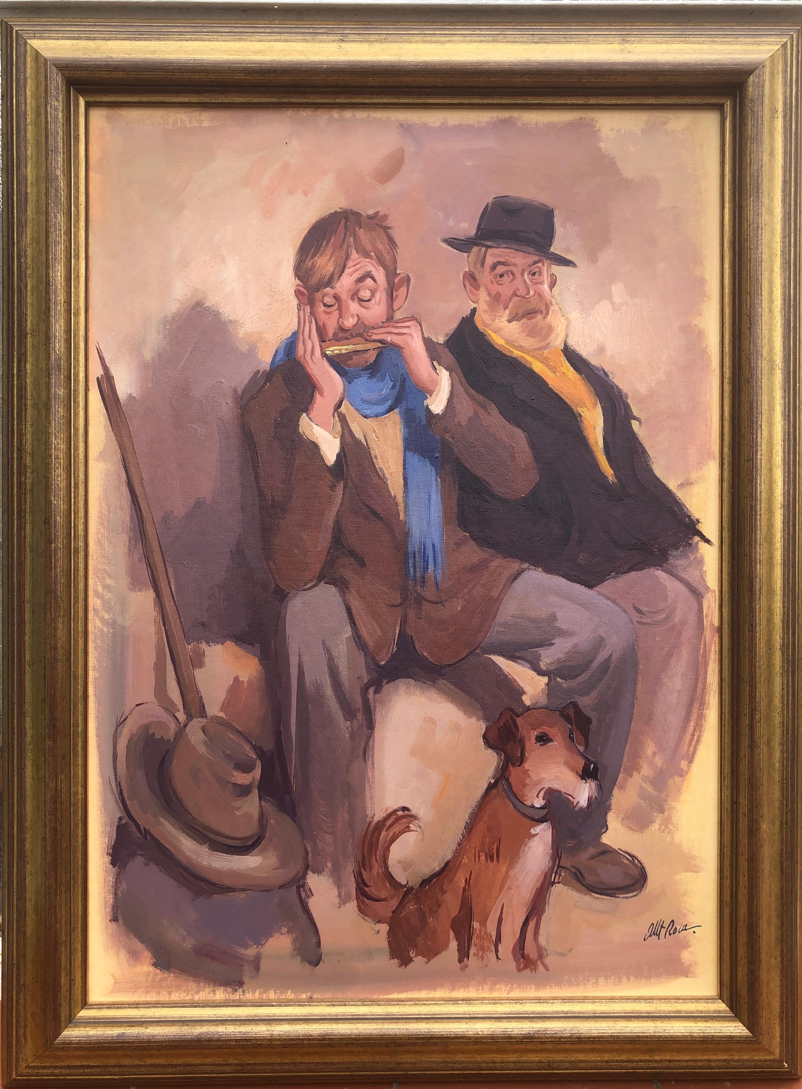 homeless with dog oil on board painting modernism art - Painting by Albert Roca