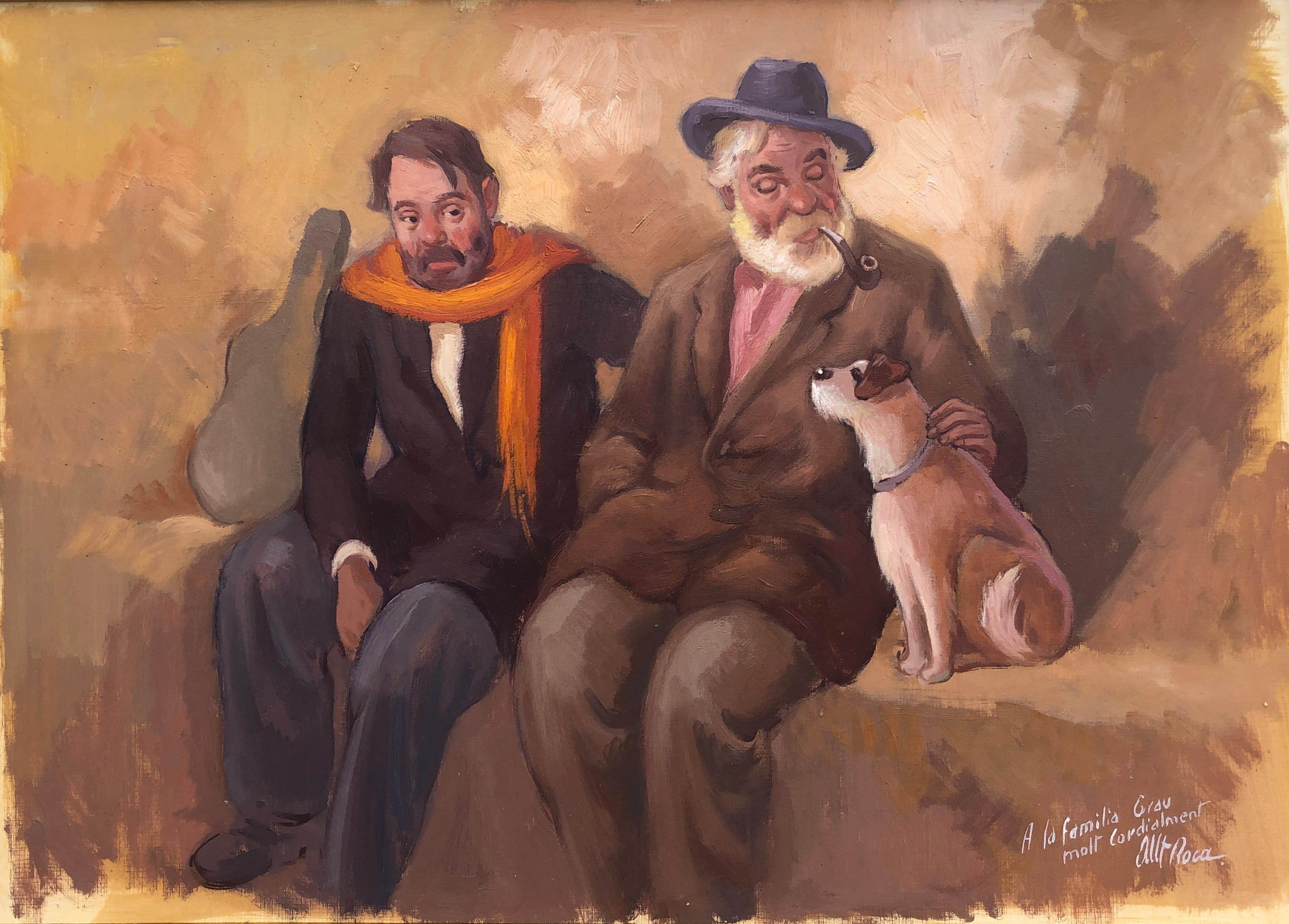 Portrait Painting di Albert Roca - Musicisti e cane olio su tavola