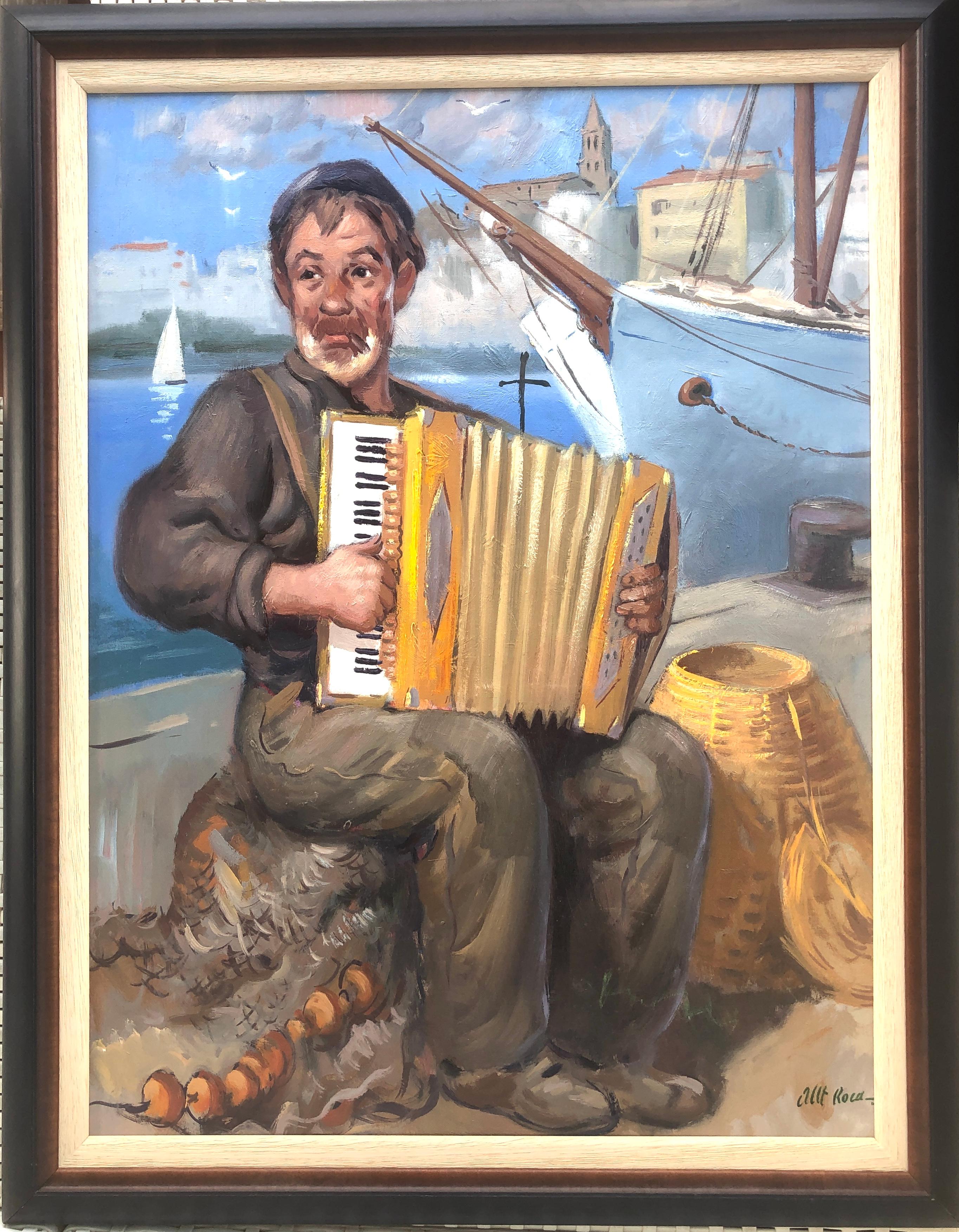 Sailor playing the accordion oil on board painting - Painting by Albert Roca