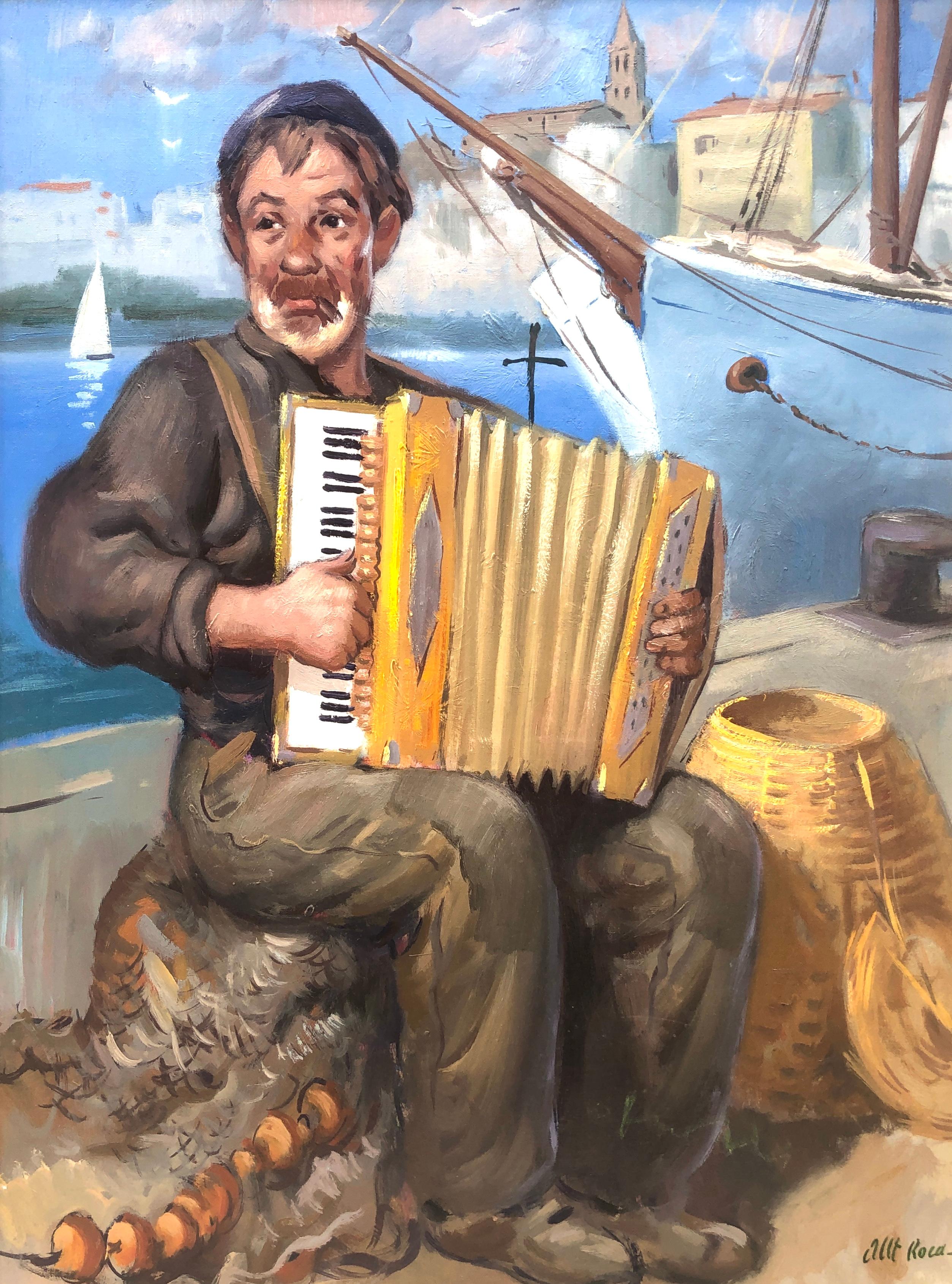 Albert Roca Landscape Painting - Sailor playing the accordion oil on board painting
