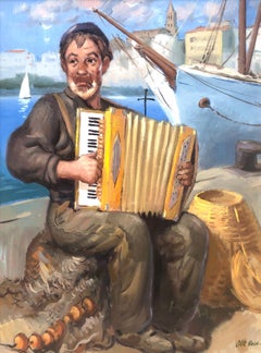 Retro Sailor playing the accordion oil on board painting