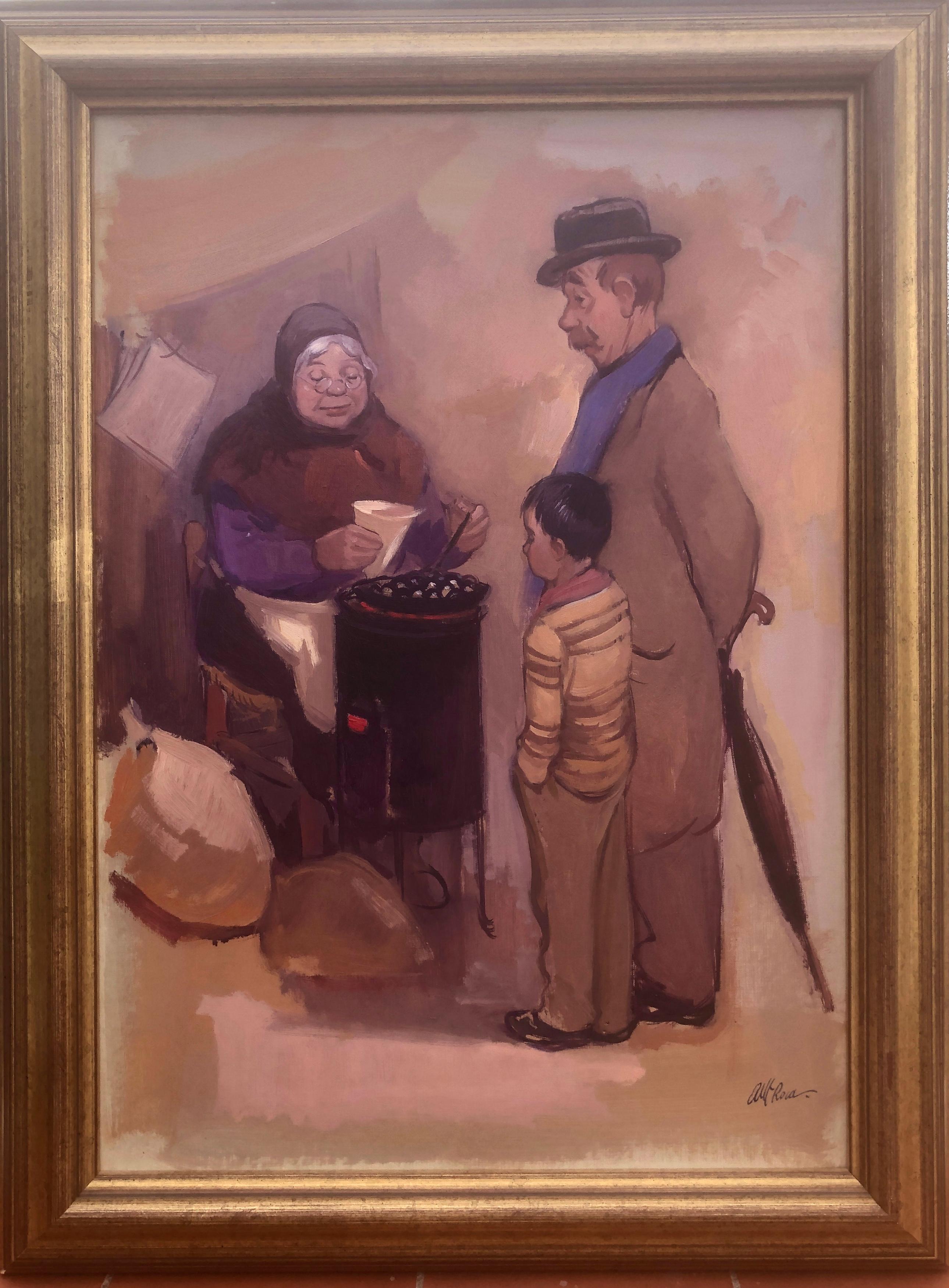 Spanish chestnut seller oil on board painting modernism art - Painting by Albert Roca