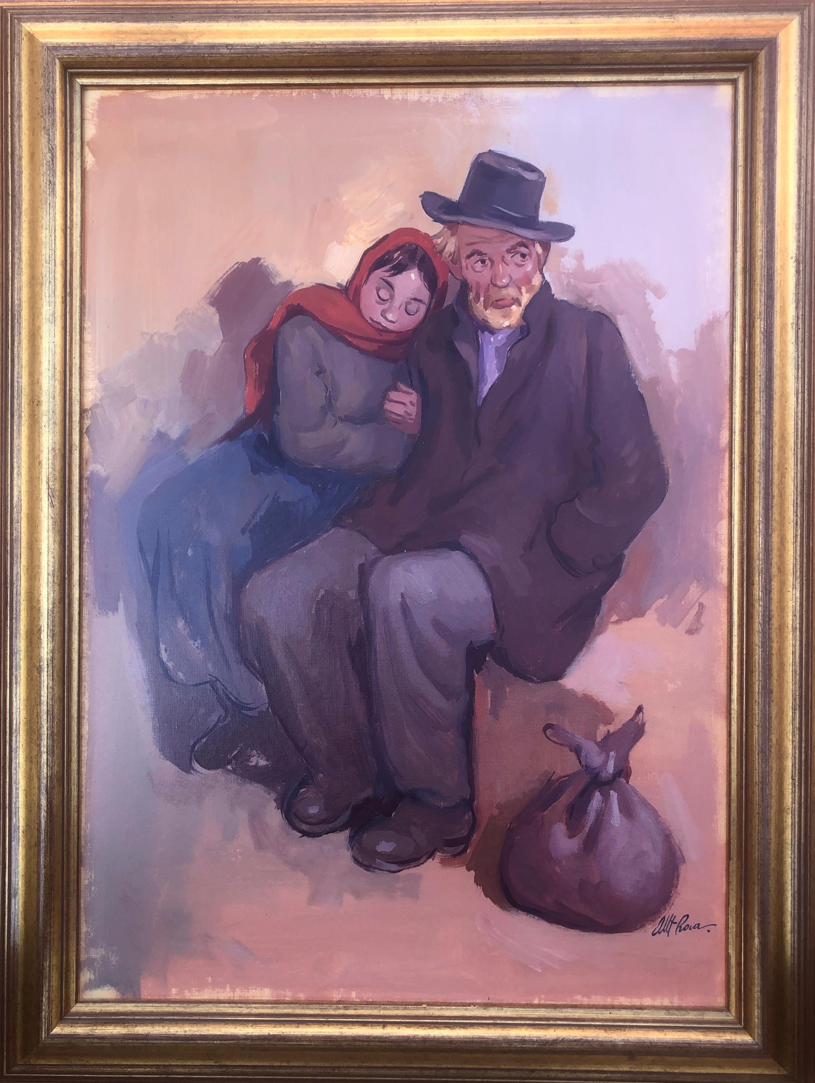 The tramp and his daughter oil on board painting modernism art - Painting by Albert Roca