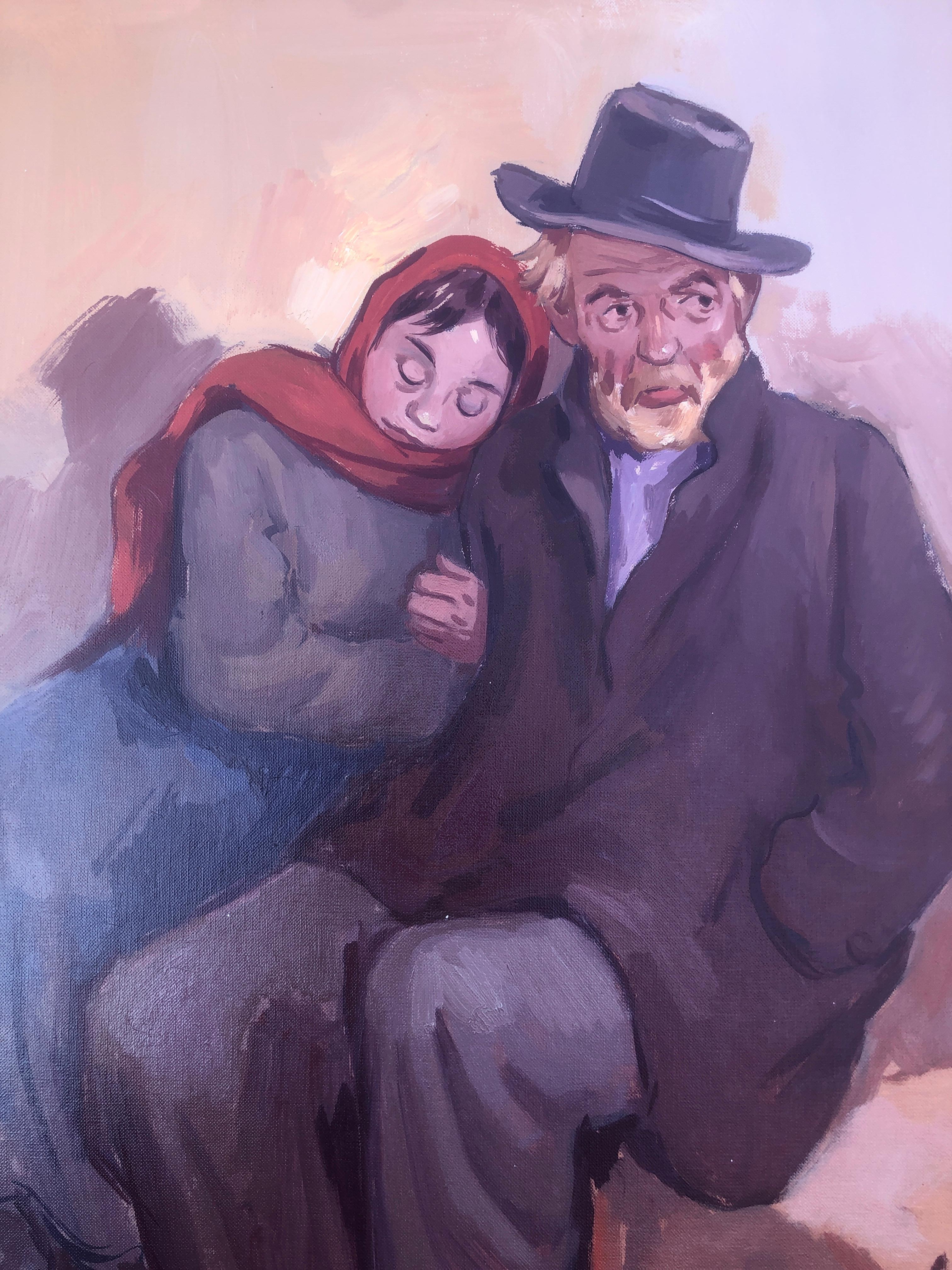 The tramp and his daughter - Peinture à l'huile sur carton - Art moderniste en vente 3
