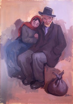 The tramp and his daughter oil on board painting modernism art