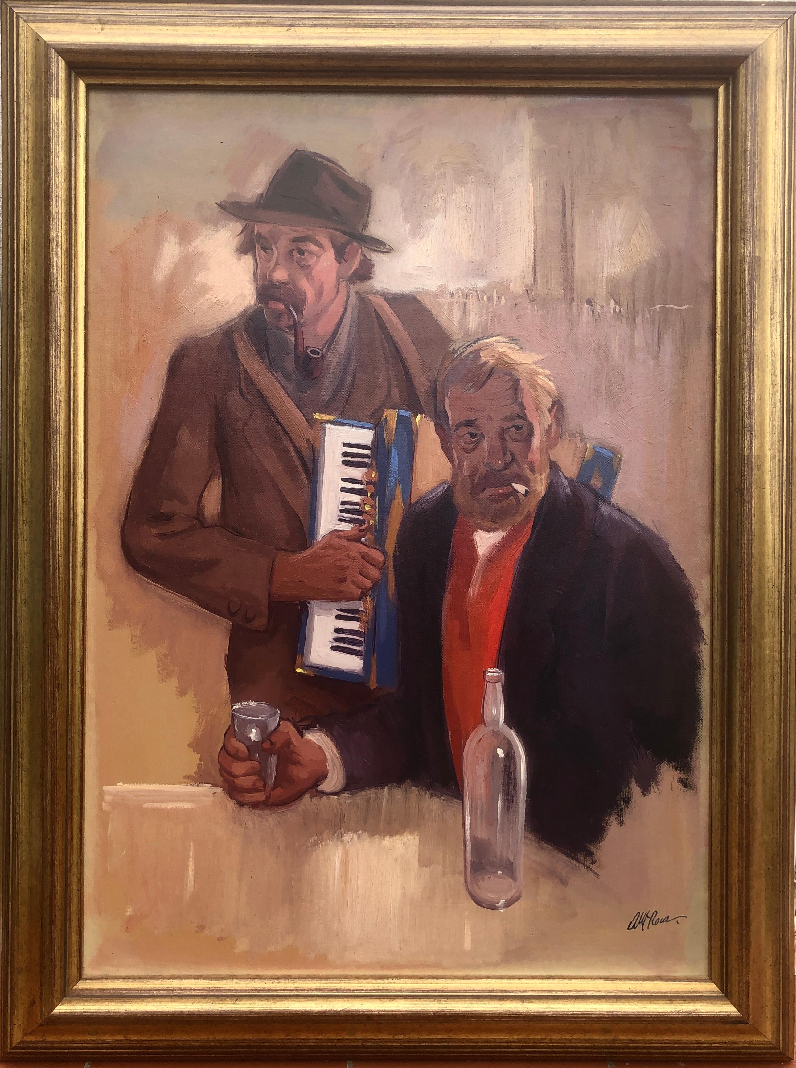tramps and accordion oil on board painting modernism art - Painting by Albert Roca