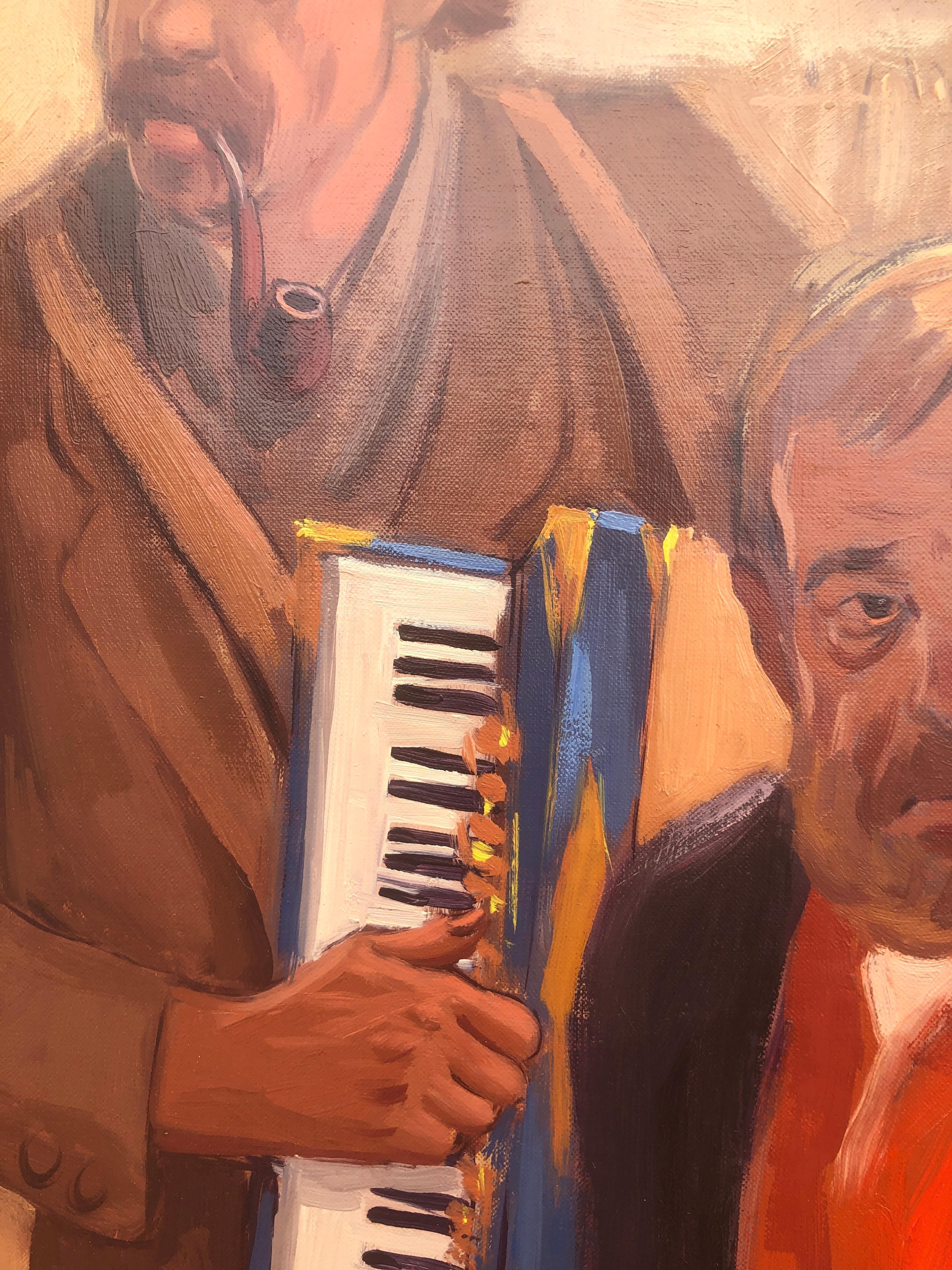 tramps and accordion oil on board painting modernism art For Sale 2