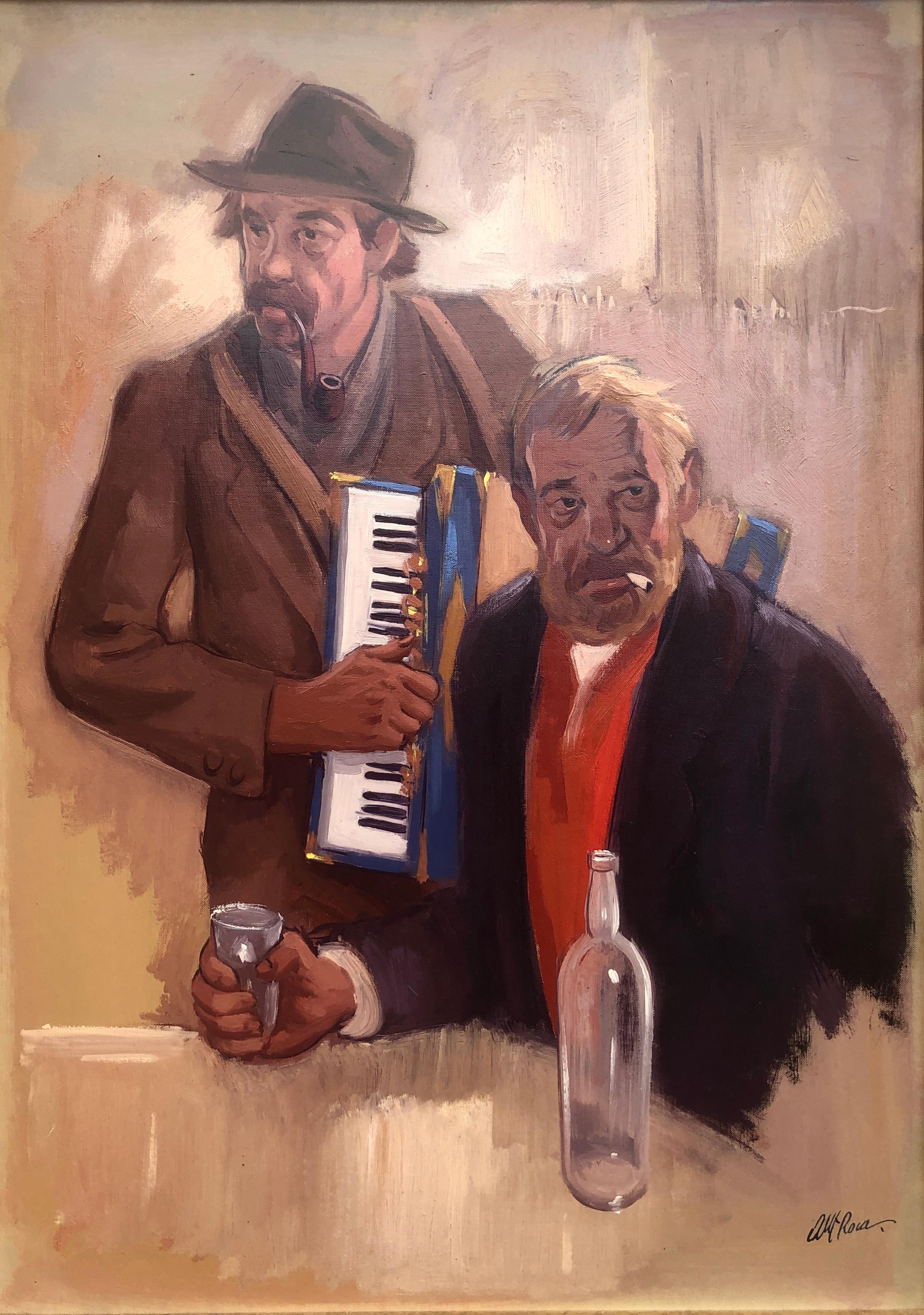 Albert Roca Portrait Painting - tramps and accordion oil on board painting modernism art