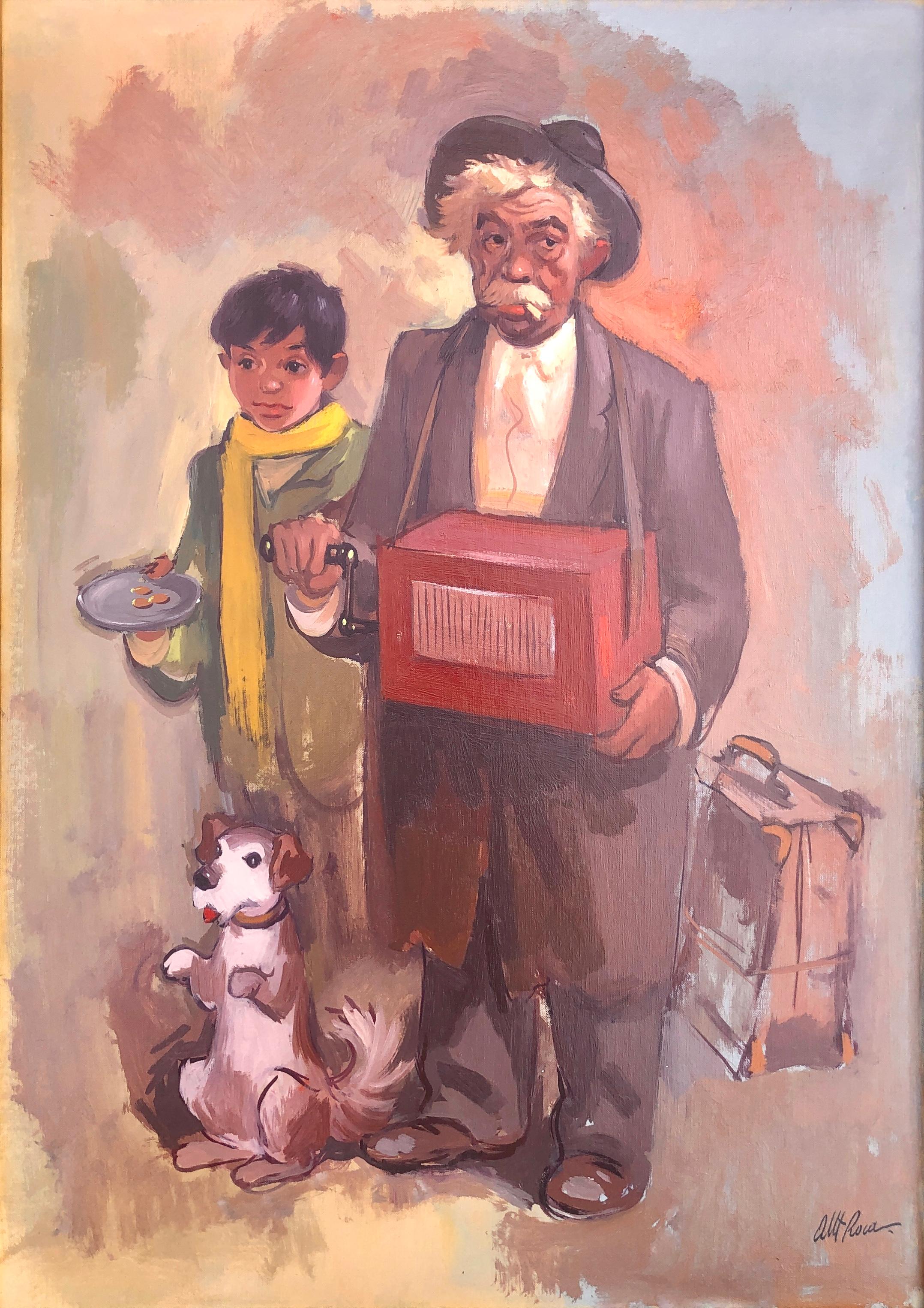 Albert Roca Portrait Painting – Reisende Musiker, Öl auf Karton, Gemälde der Moderne