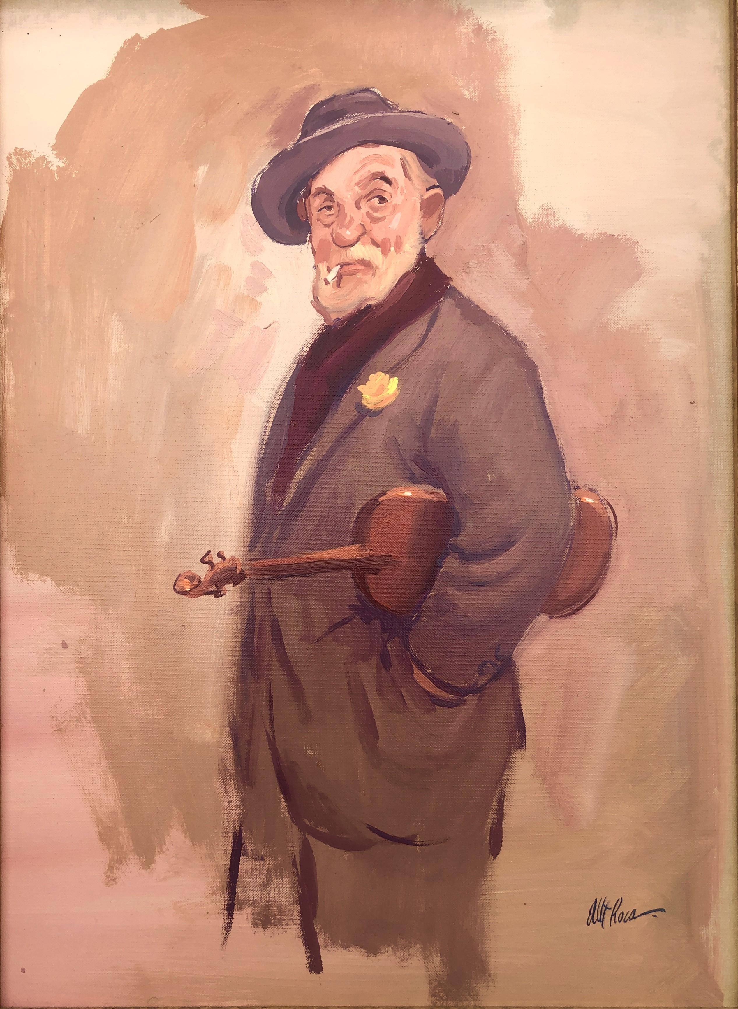 Albert Roca Portrait Painting - violinist oil on board painting modernism art
