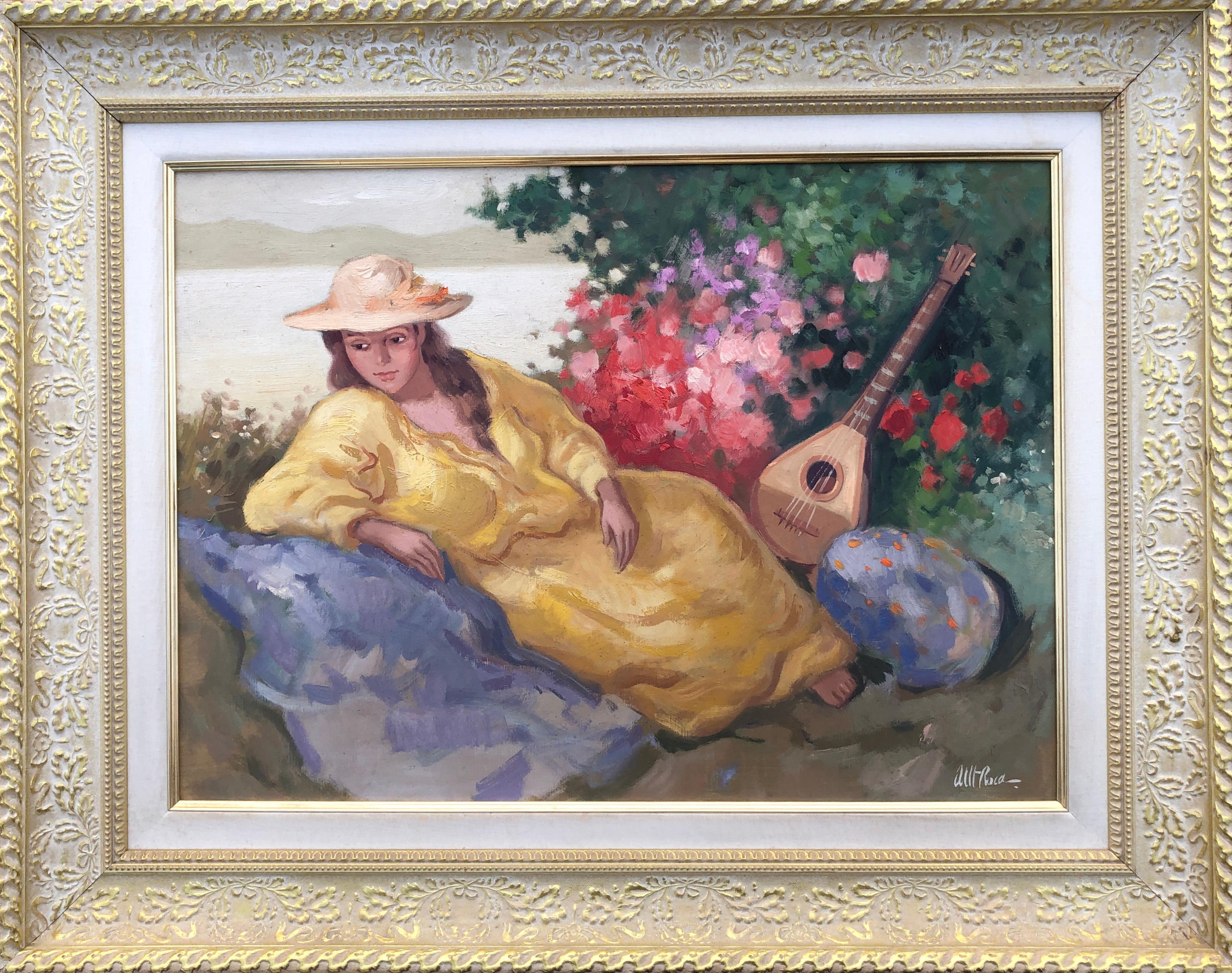 Donna a riposo con mandolino olio su tavola pittura modernismo arte - Painting di Albert Roca