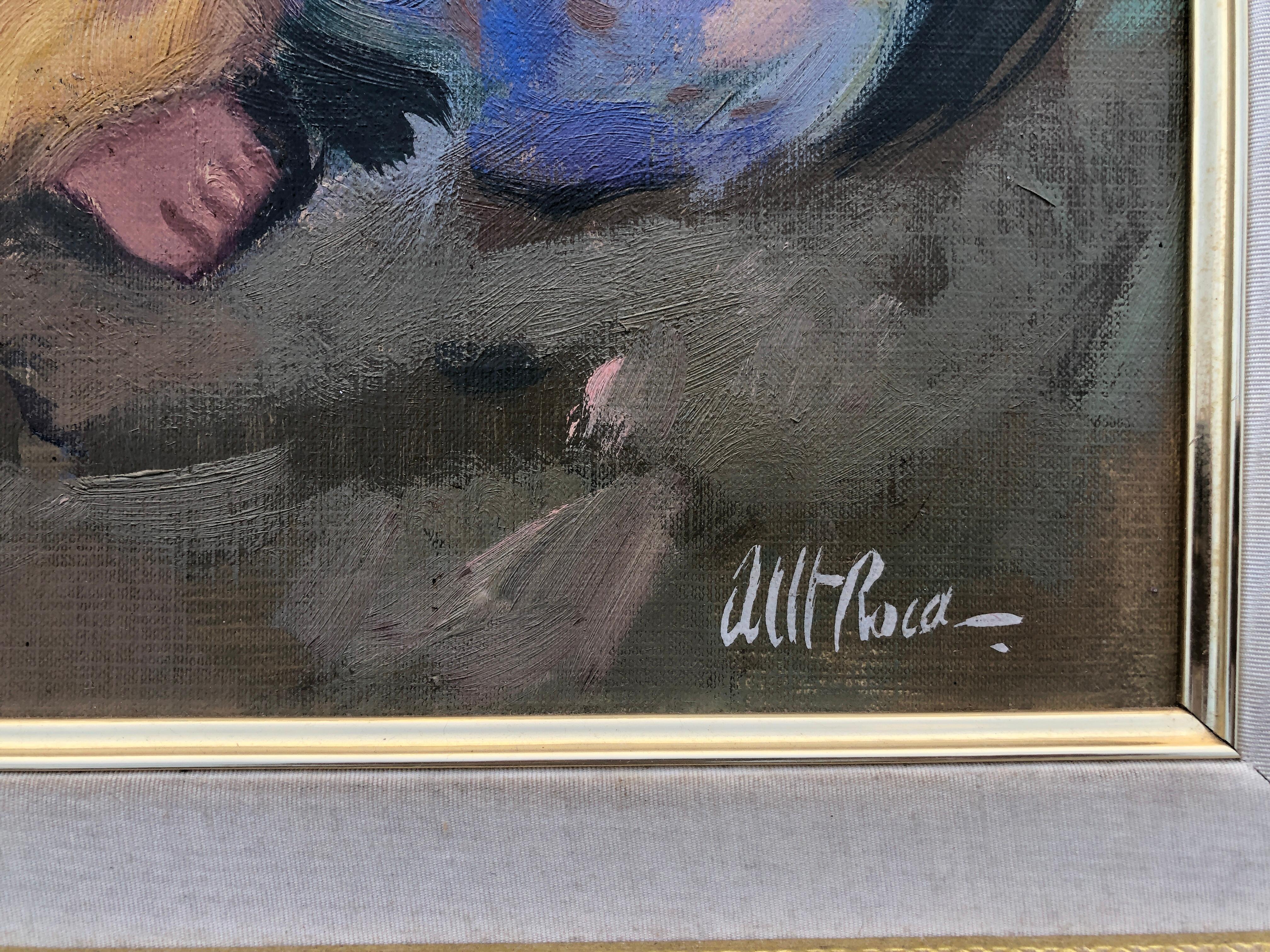 Donna a riposo con mandolino olio su tavola pittura modernismo arte - Painting Moderno di Albert Roca