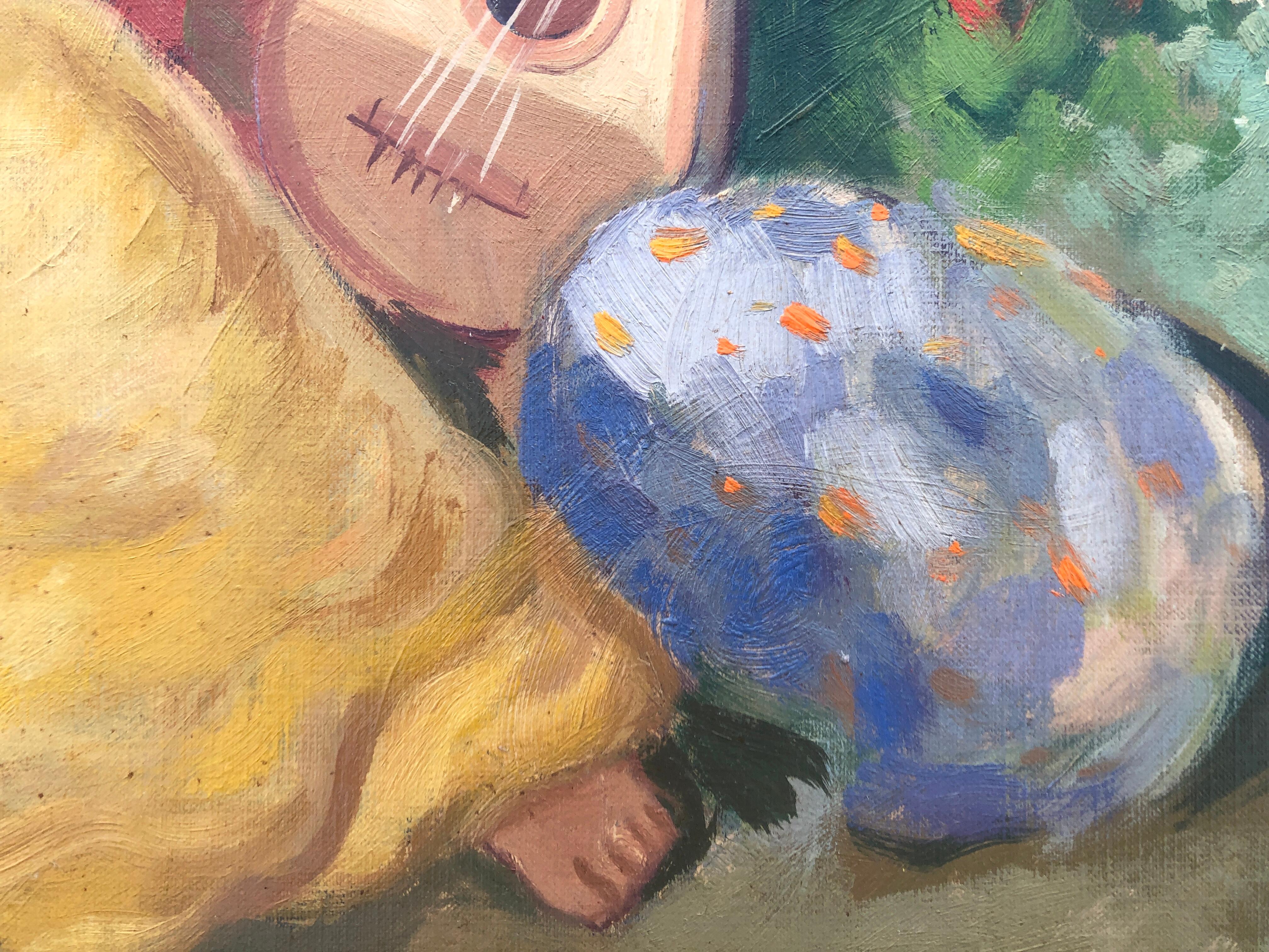 Donna a riposo con mandolino olio su tavola pittura modernismo arte - Figurative Painting Grigio di Albert Roca