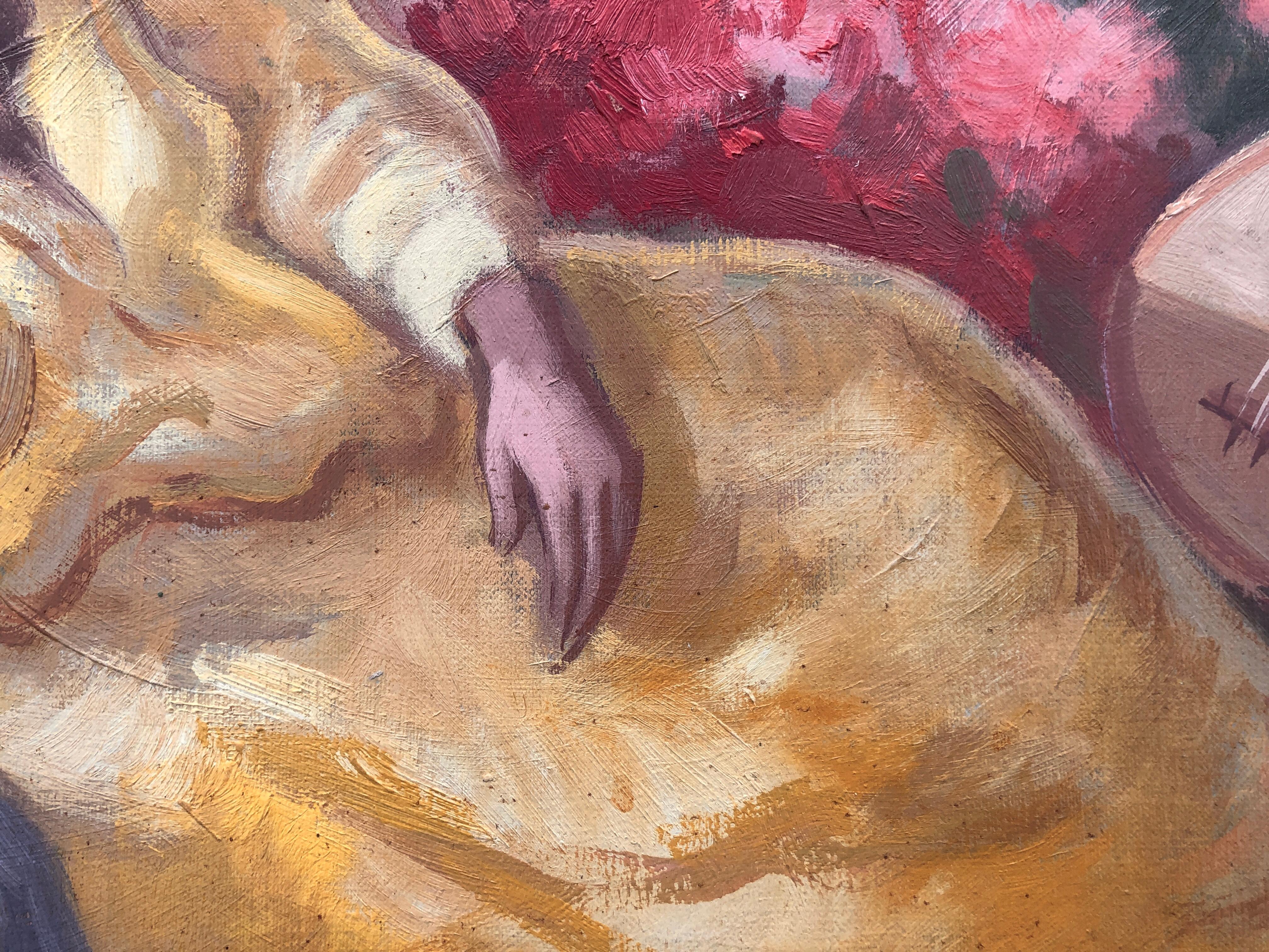 L'olio misura 46x65 cm.
La cornice misura 69x87 cm.

Scheda tecnica:

- Titolo: Donna a riposo con mandolino  
- Artista: Albert Roca (1945)  
- Tecnica: Olio su tavola  
- Dimensioni senza cornice: 18,1 x 25,6 pollici  
- Dimensioni con cornice: