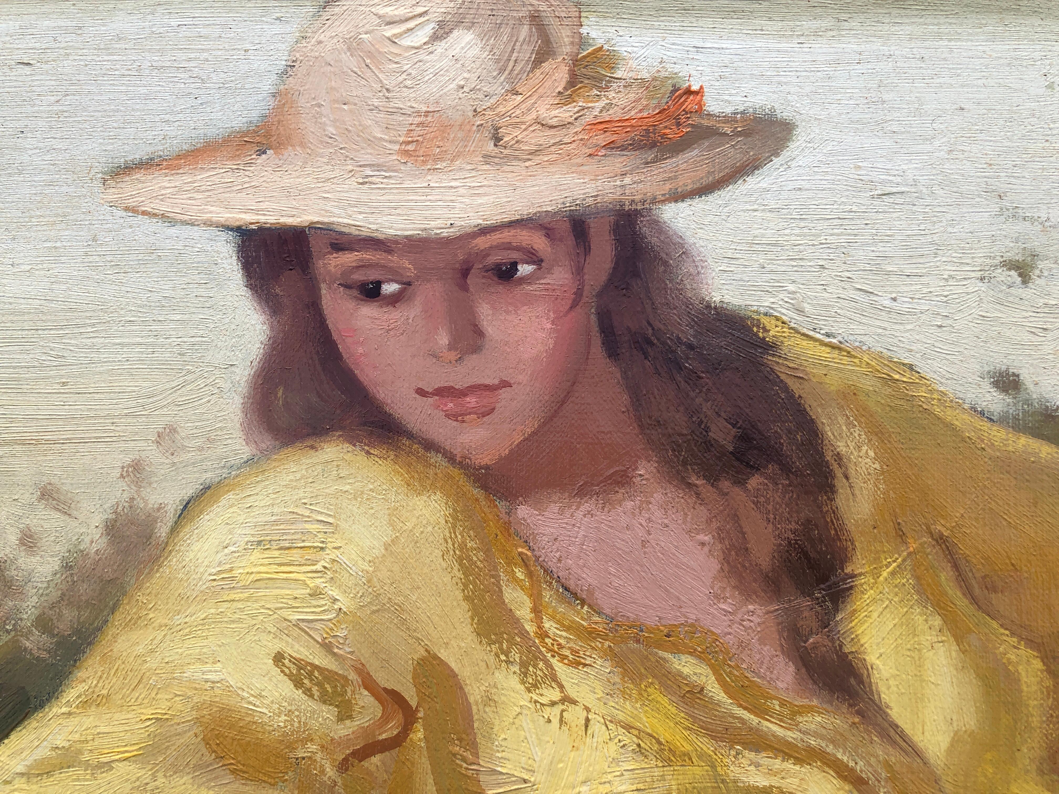 Donna a riposo con mandolino olio su tavola pittura modernismo arte in vendita 1