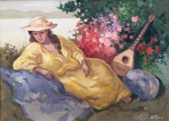 Woman at Rest with Mandolin oil on board painting modernism art