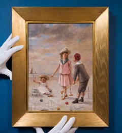 Enfants à la plage Oil Painting on Wood Panel, Signed, Circa 1865-1875