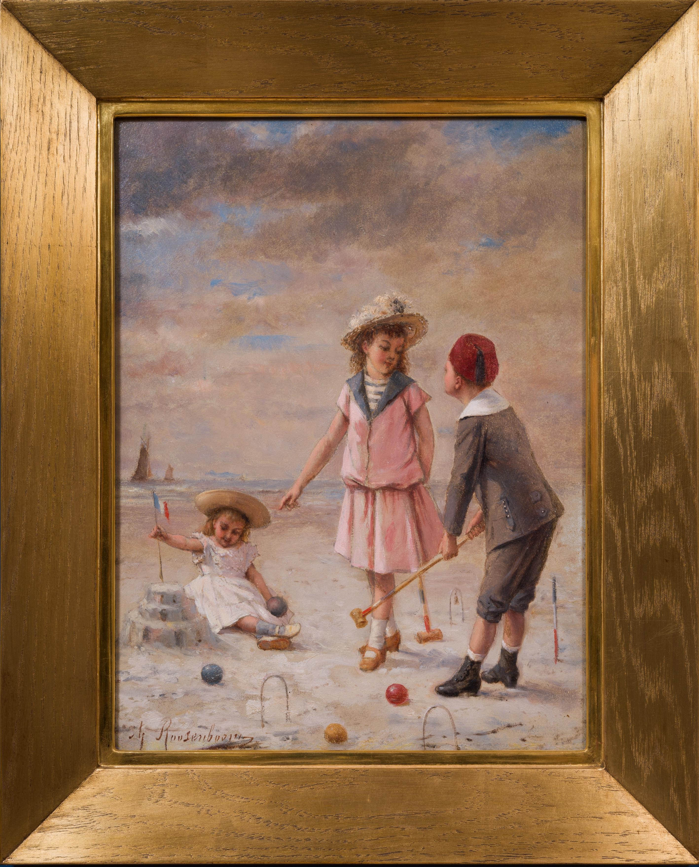 Albert Roosenboom  Figurative Painting - Enfants à la plage Oil Painting on Wood Panel, Signed, Circa 1865-1875