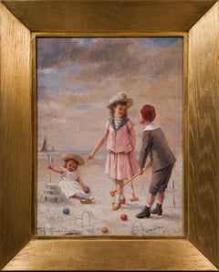 Enfants à la plage Oil Painting on Wood Panel, Signed, Circa 1865-1875