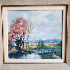 Sans titre - Fisherman in Boat on Pond with Town in Background