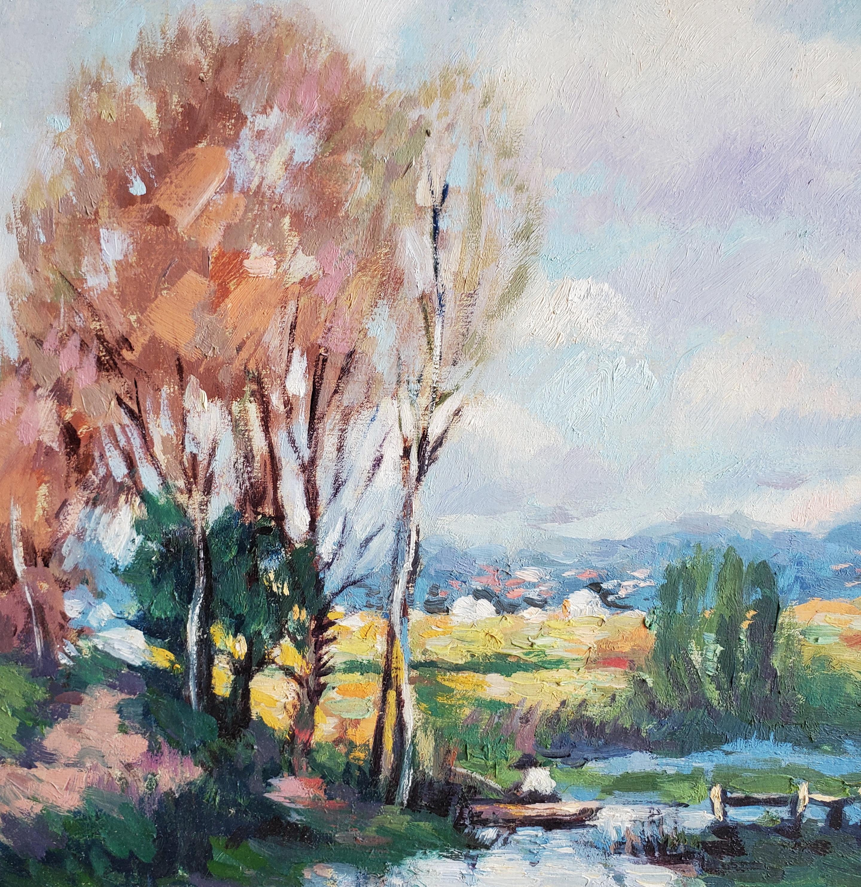 Untitled - Fisherman in Boat on Pond with Town in Background - Impressionist Painting by Albert Rosenthal
