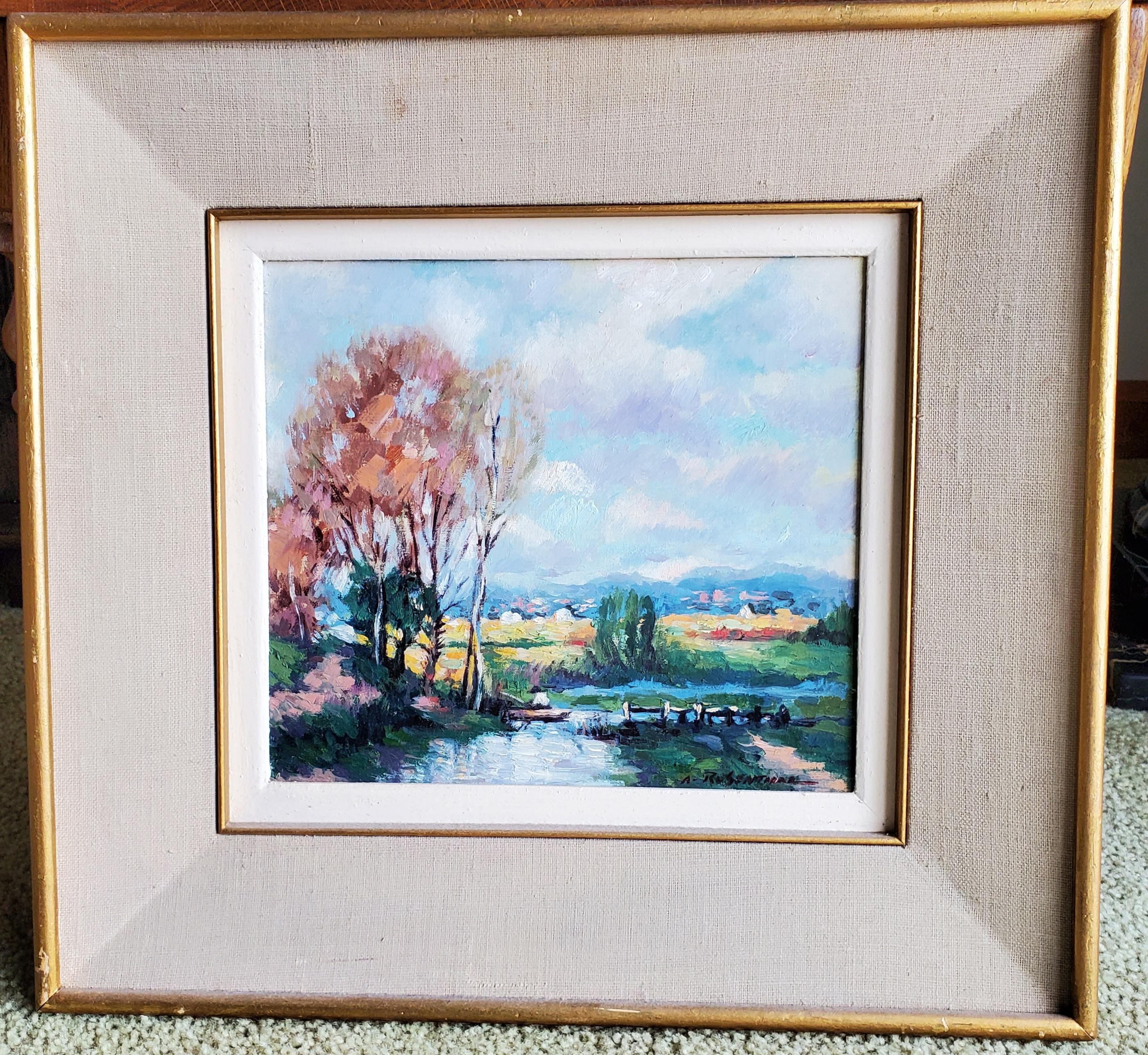 Untitled - Fisherman in Boat on Pond with Town in Background For Sale 1