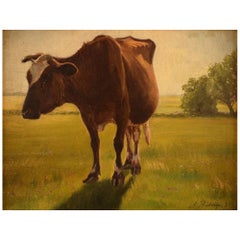 Albert Rüdinger, Danish Painter, Cow in Summer Landscape
