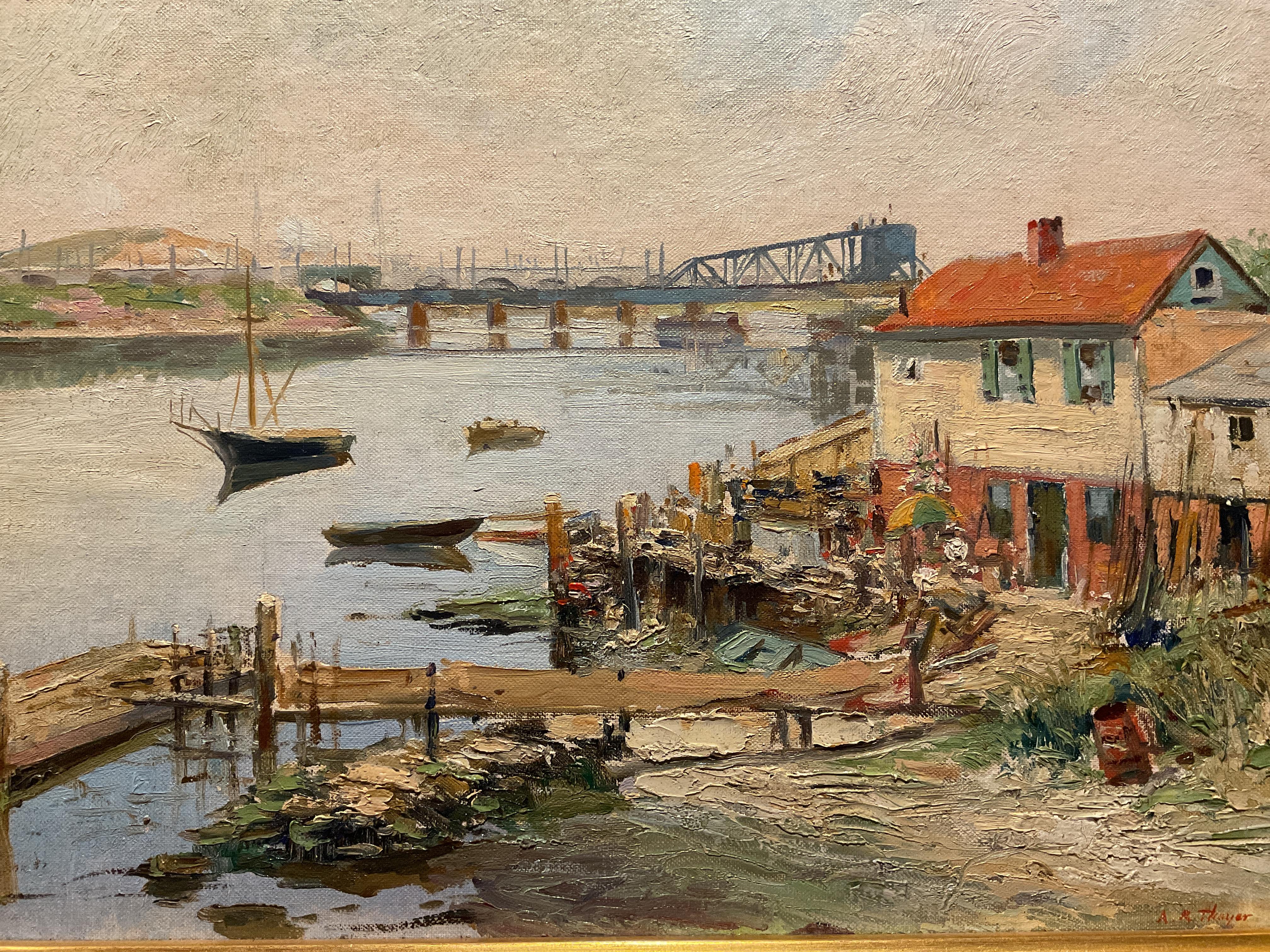Vintage Harbor Scene, Oil on Board Possibly Cape Cod by Albert R Thayer, ca 1950 - Painting by Albert Rufus Thayer
