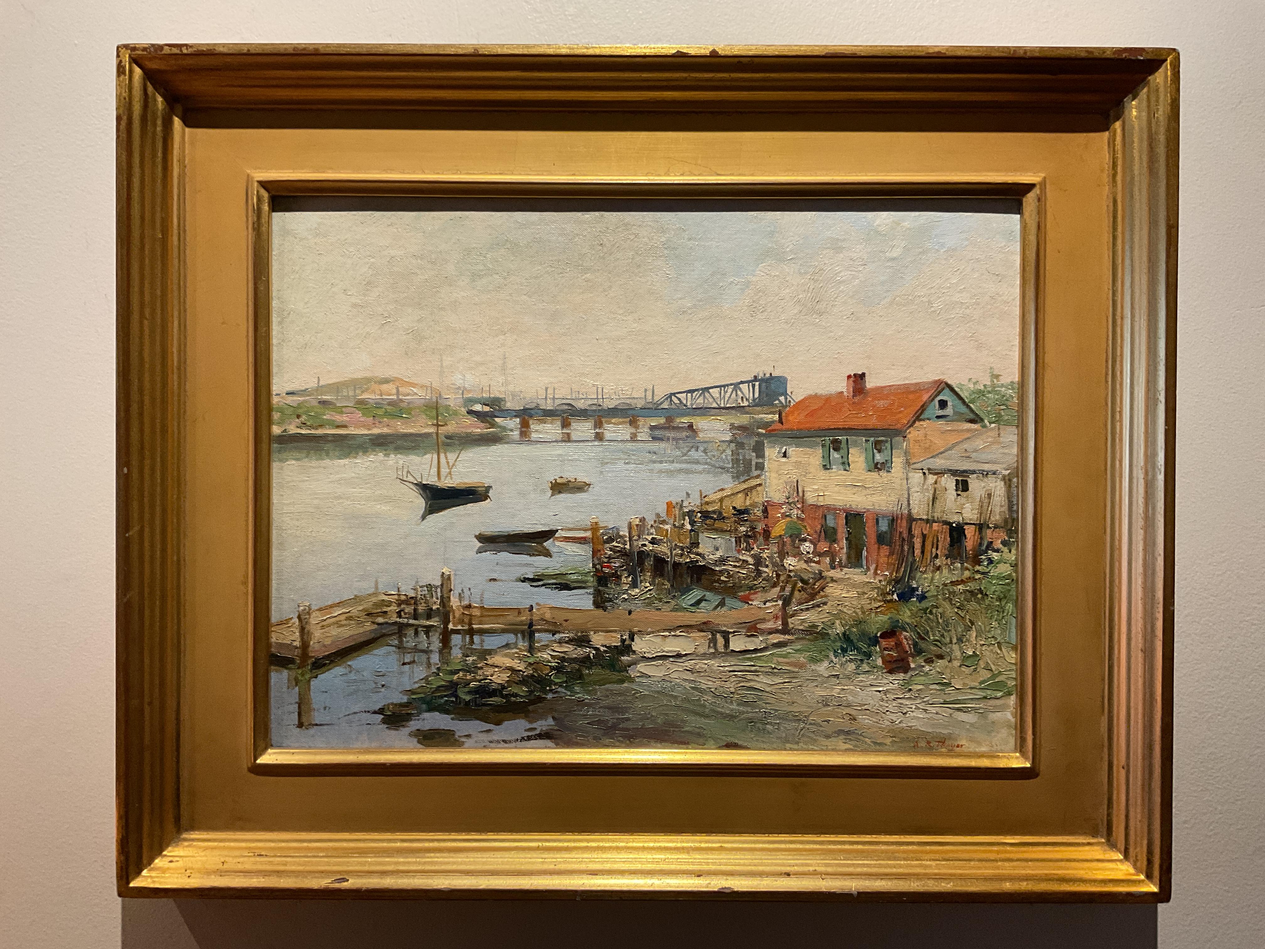 Albert Rufus Thayer Landscape Painting - Vintage Harbor Scene, Oil on Board Possibly Cape Cod by Albert R Thayer, ca 1950