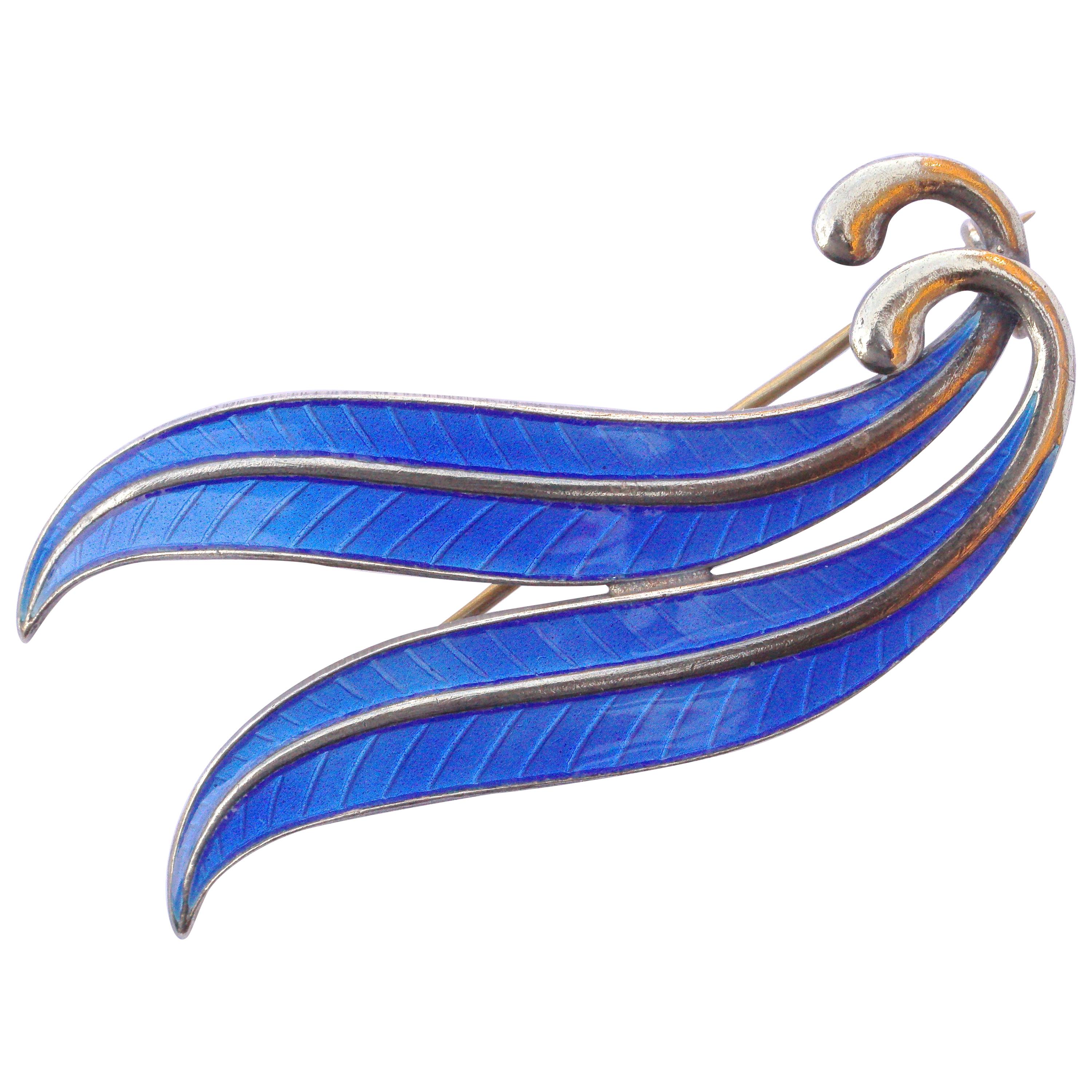  Albert Scharning Norway Sterling Blue Enamel Leaf Brooch, circa 1940s.